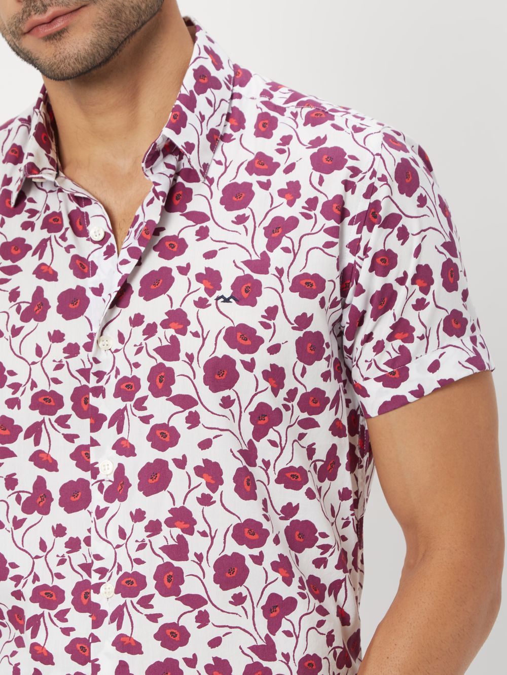 White & Pink Floral Print Slim Fit Casual Shirt