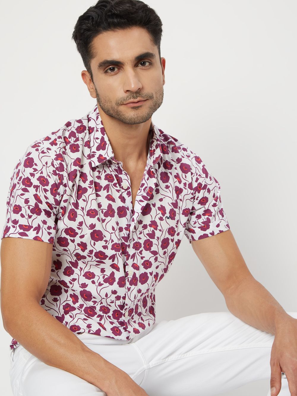 White & Pink Floral Print Slim Fit Casual Shirt