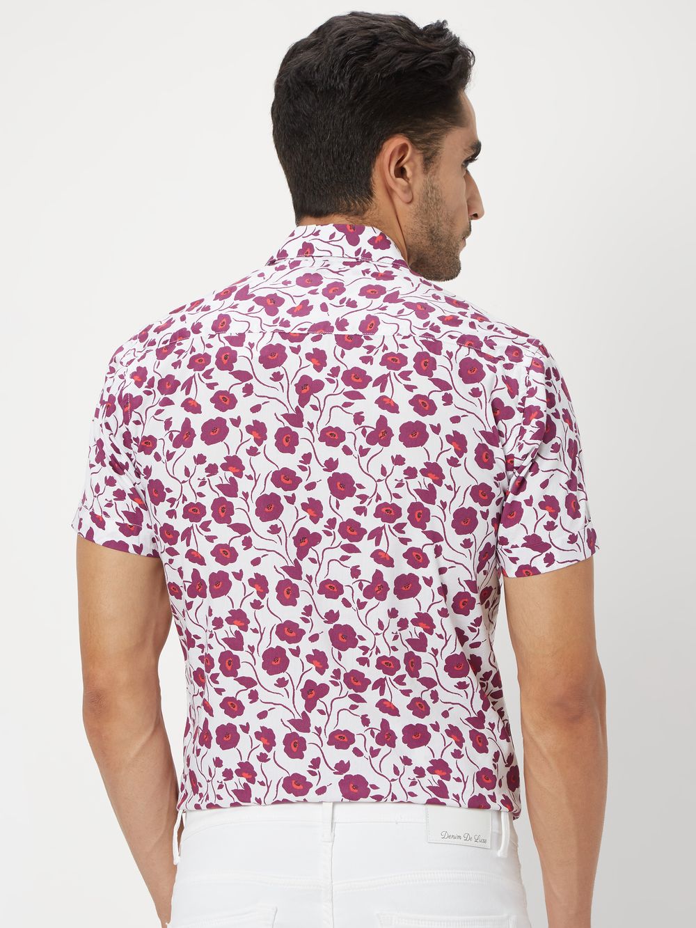 White & Pink Floral Print Slim Fit Casual Shirt