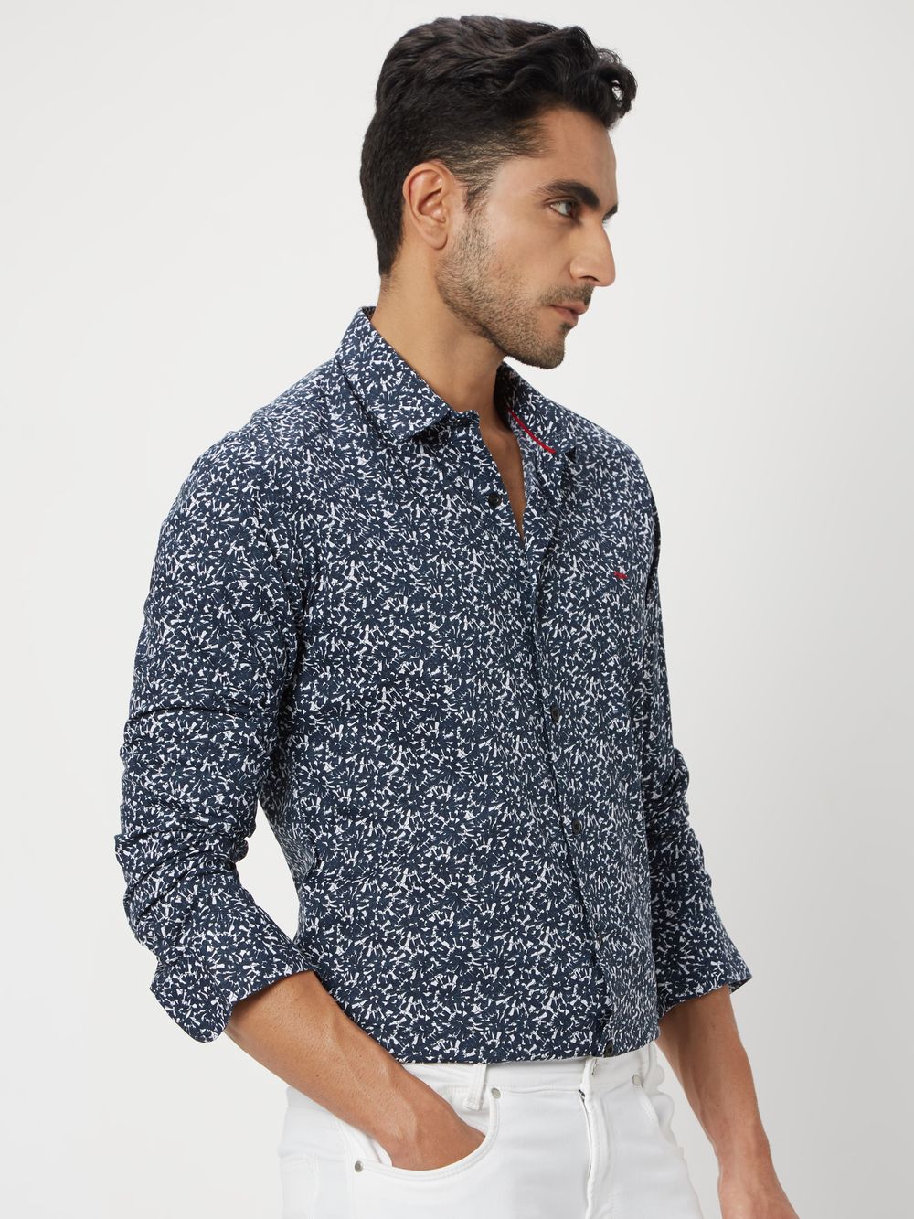 Navy Floral Print Slim Fit Casual Shirt