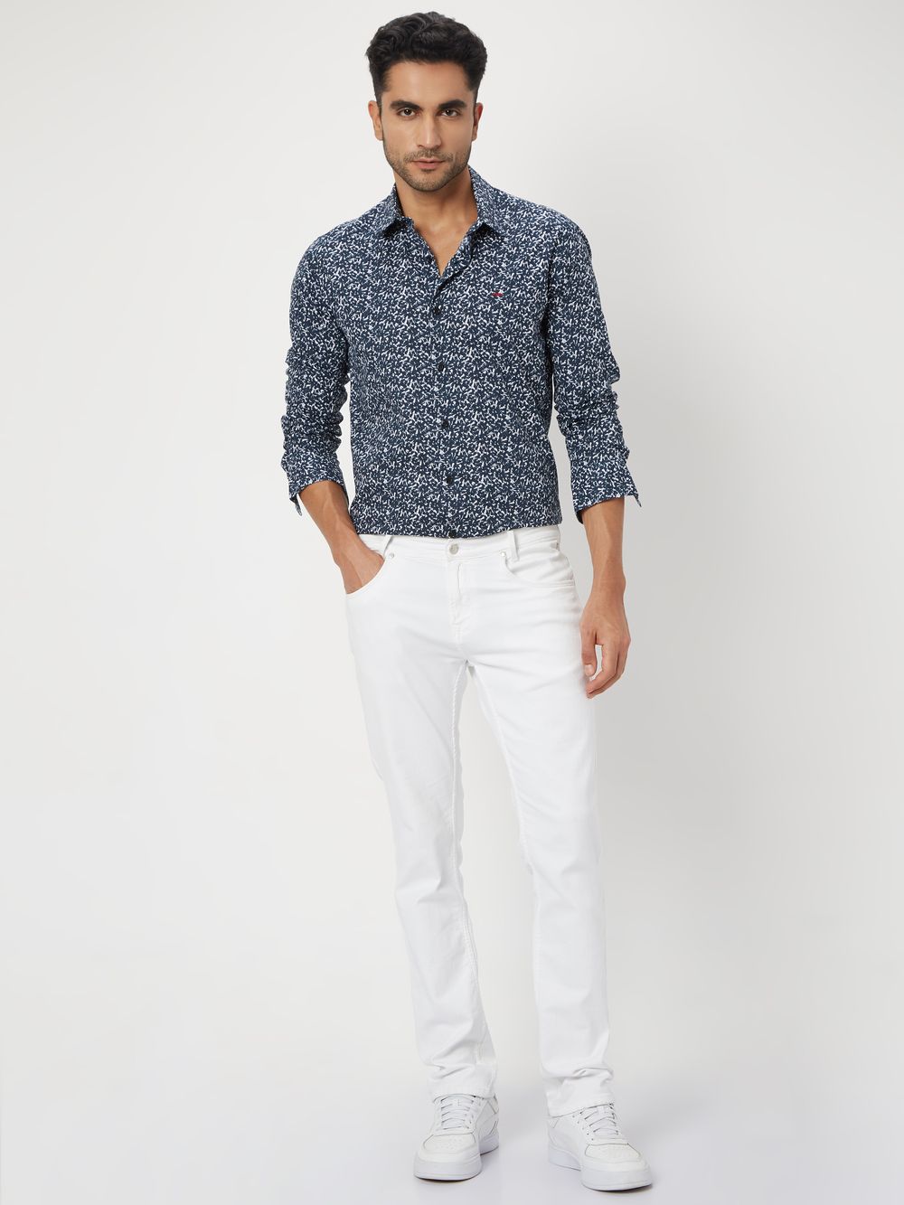 Navy Floral Print Slim Fit Casual Shirt