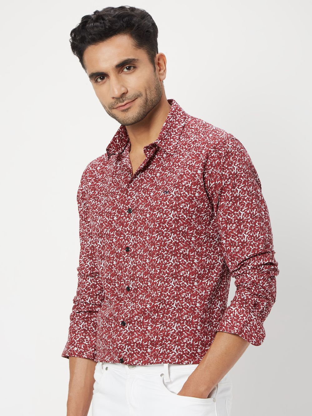 Maroon Floral Print Slim Fit Casual Shirt