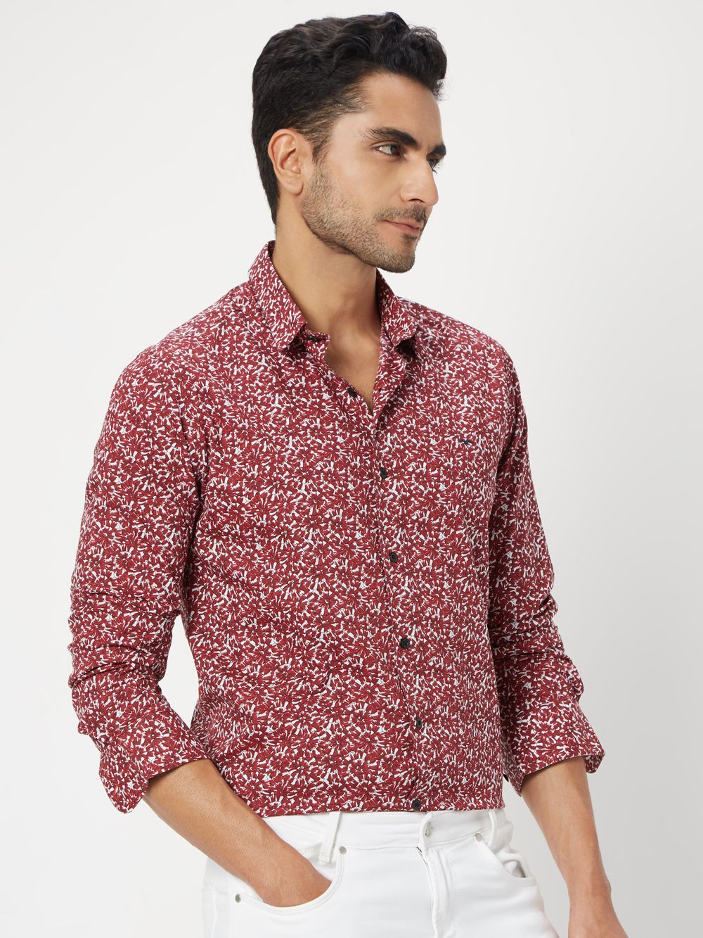 Maroon Floral Print Slim Fit Casual Shirt