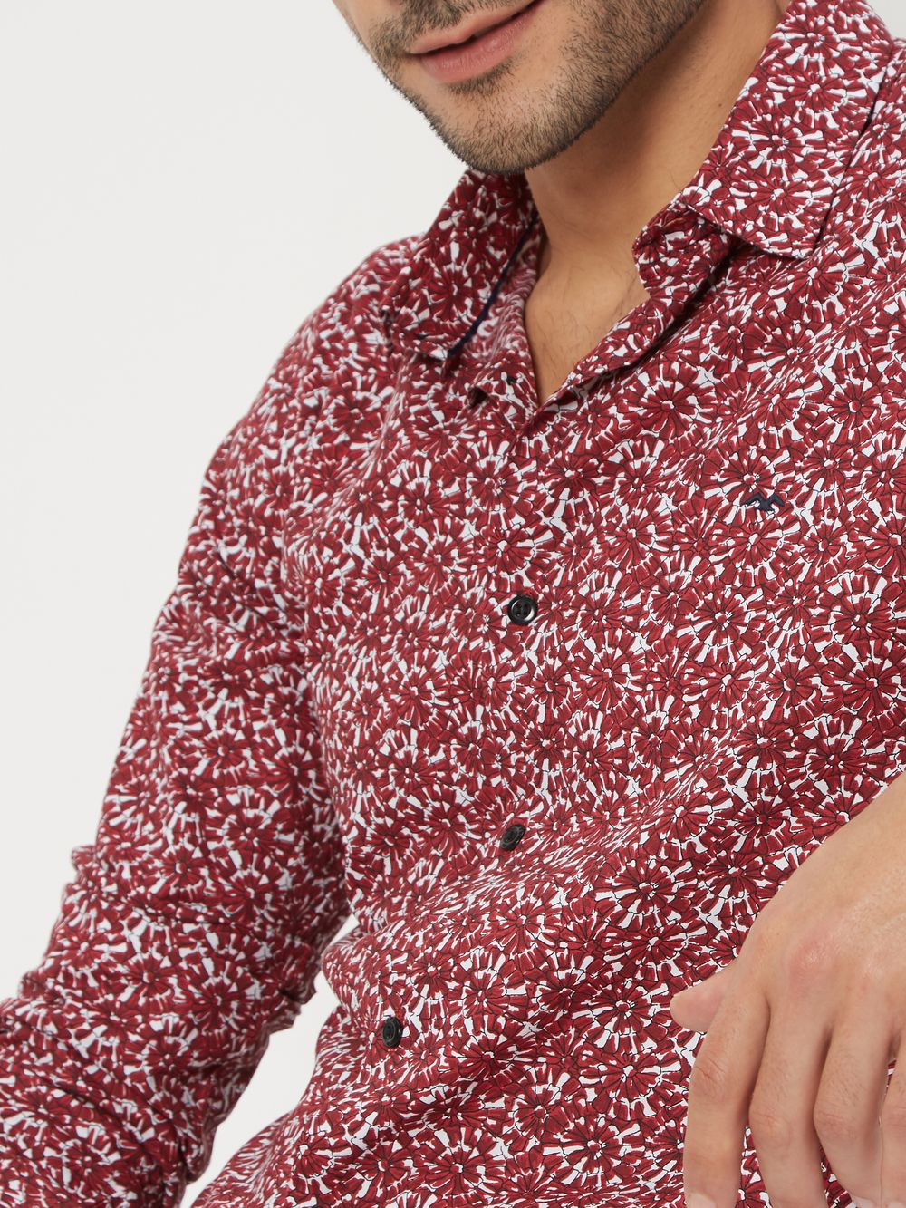 Maroon Floral Print Slim Fit Casual Shirt