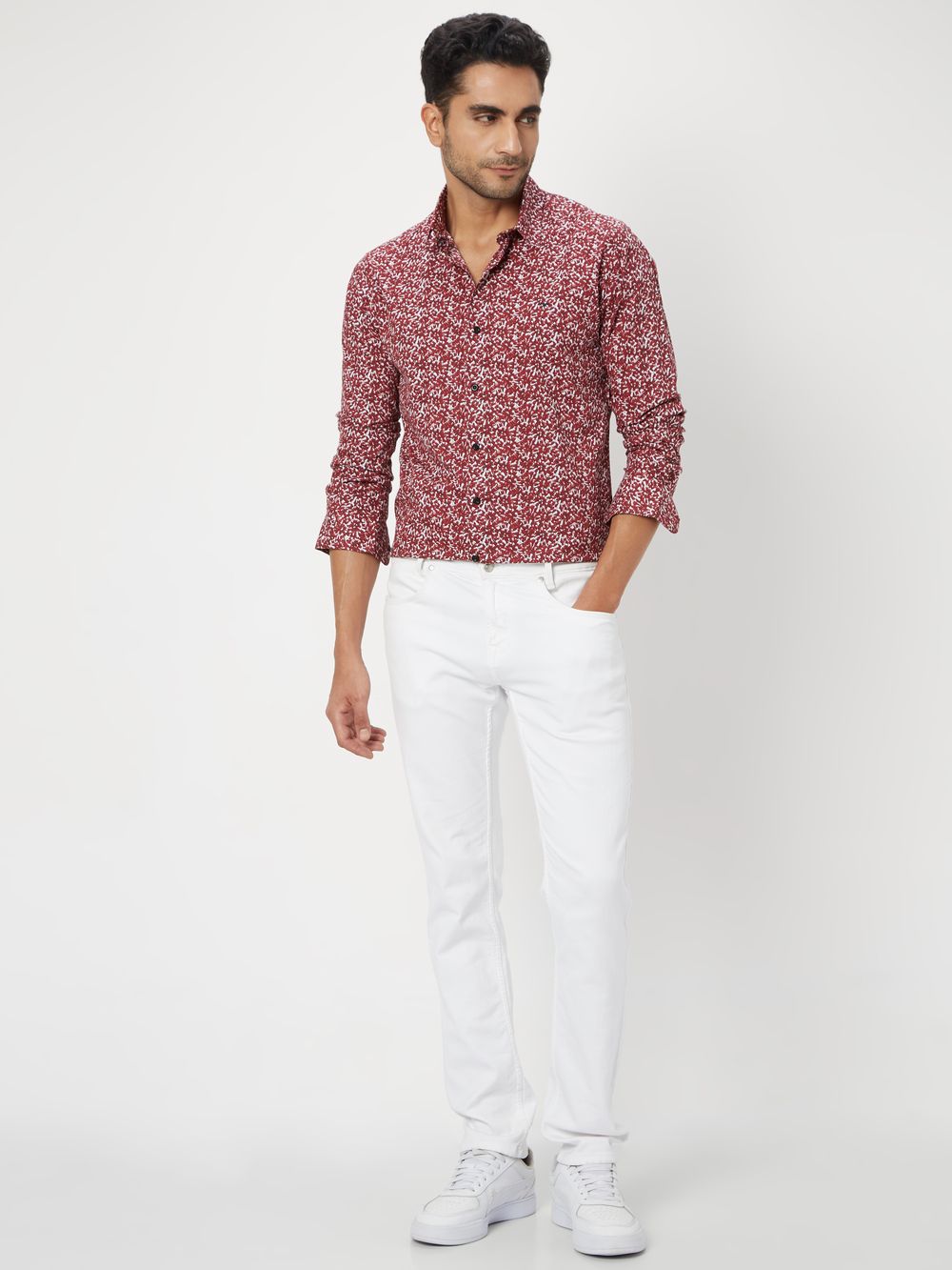 Maroon Floral Print Slim Fit Casual Shirt