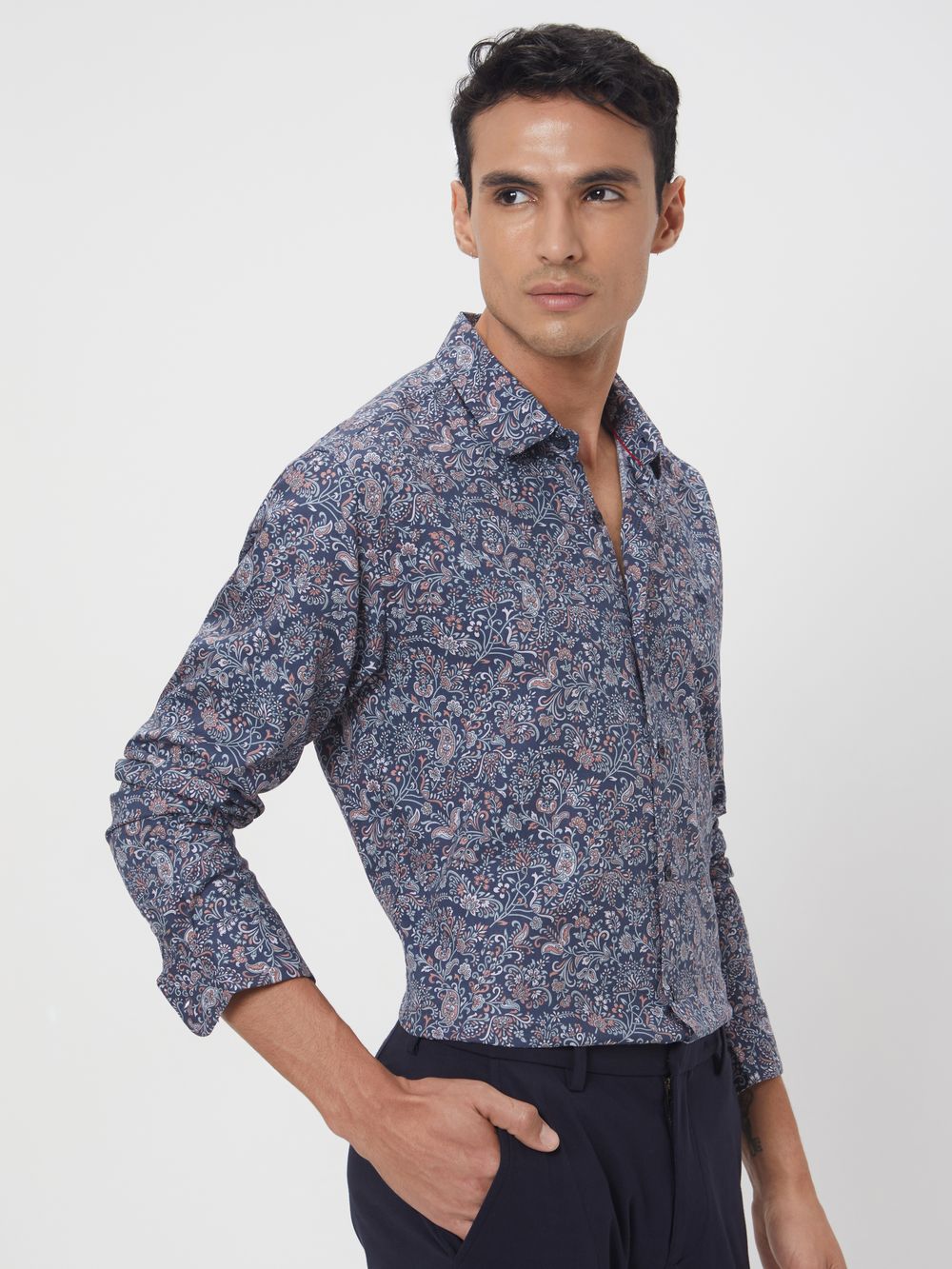 Navy Digital Print Slim Fit Causal Shirt