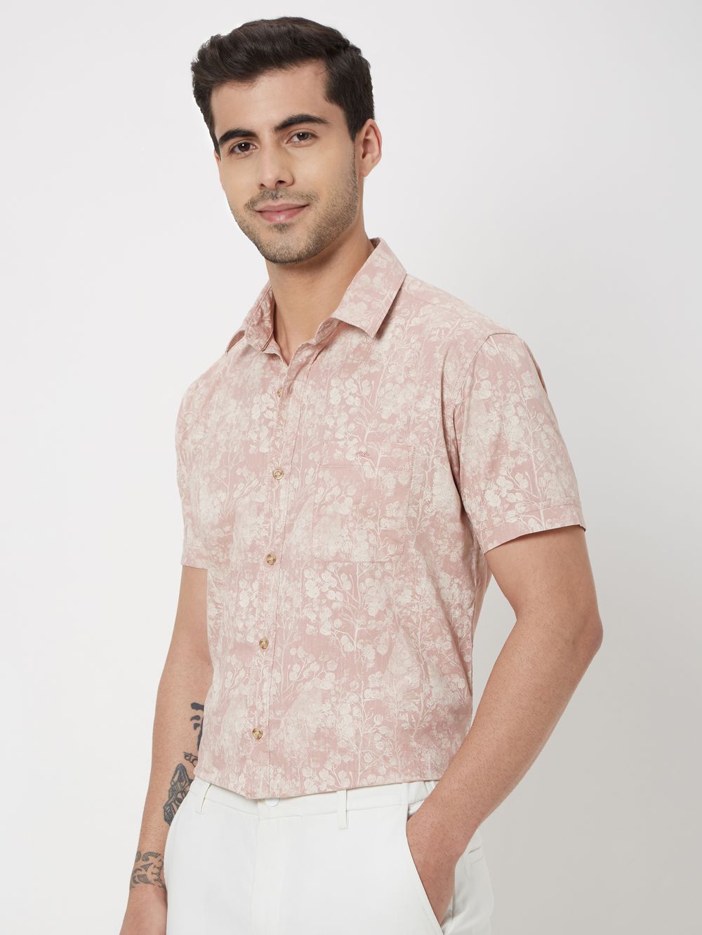 Pink Floral Print Slim Fit Casual Shirt