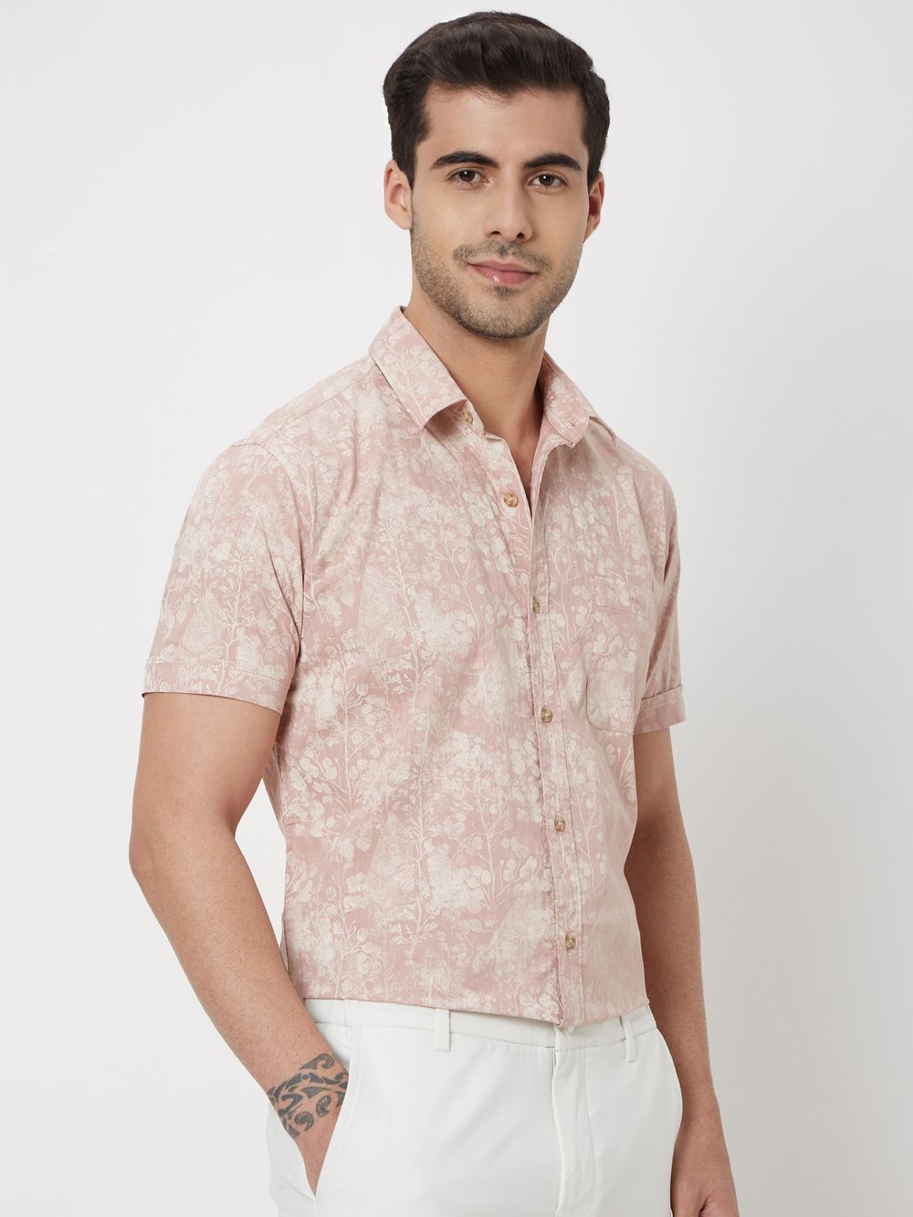 Pink Floral Print Slim Fit Casual Shirt