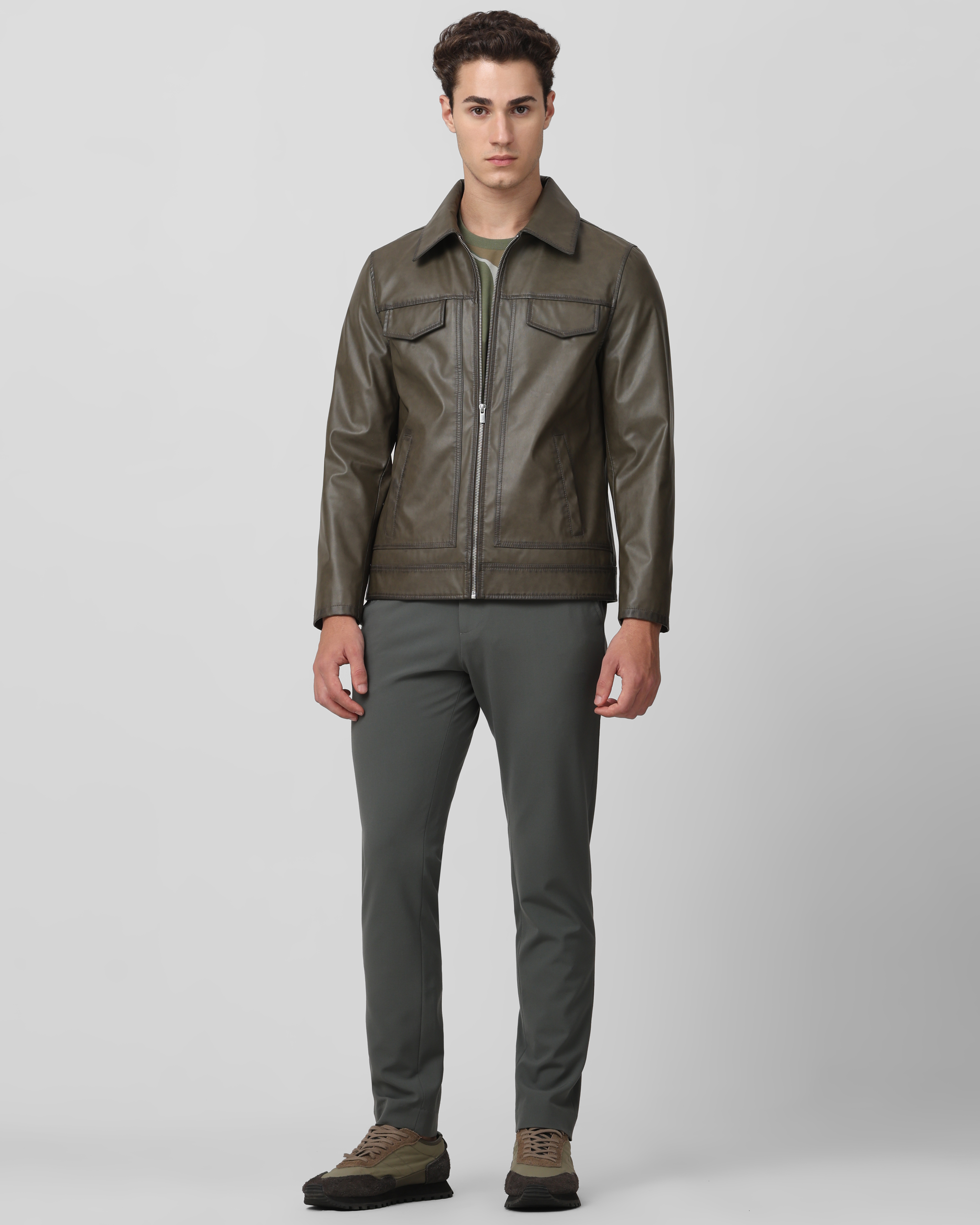 Buy Olive Faux Leather Biker Slim Fit Jacket Online at Muftijeans