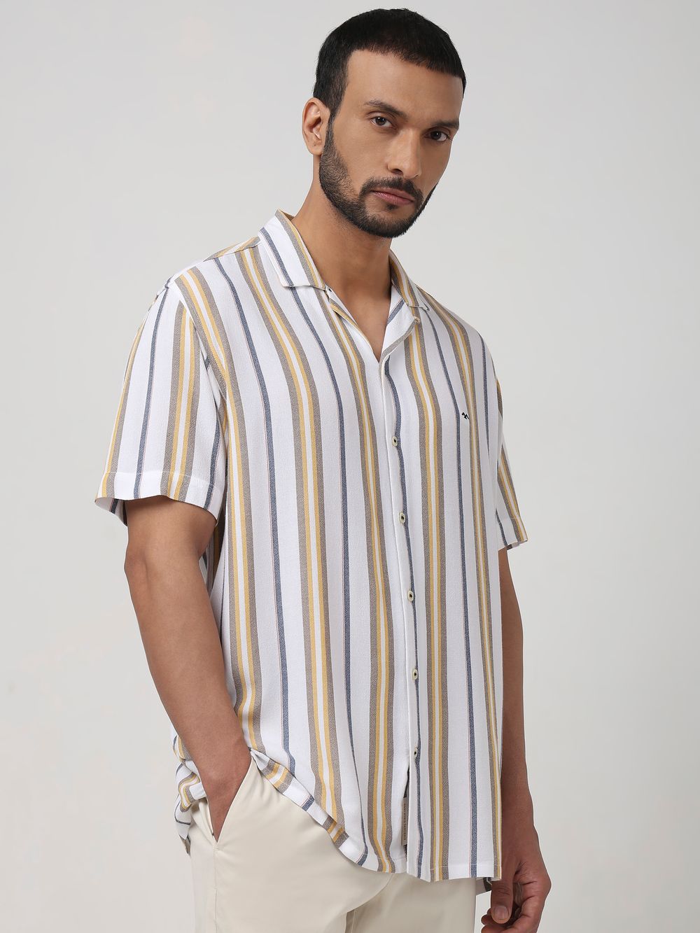 White Textured Stripe Relaxed Fit Casual Shirt