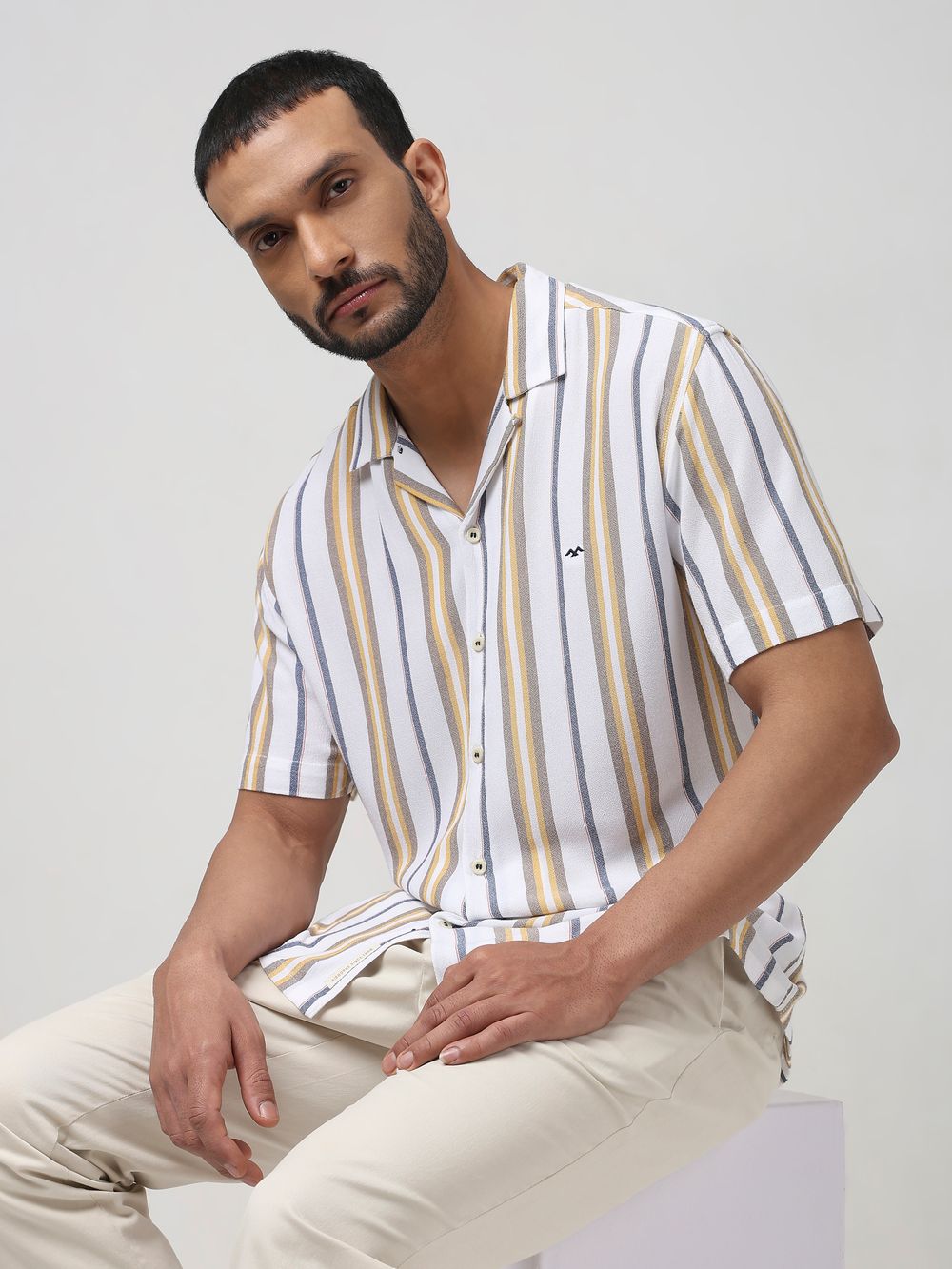 White Textured Stripe Relaxed Fit Casual Shirt