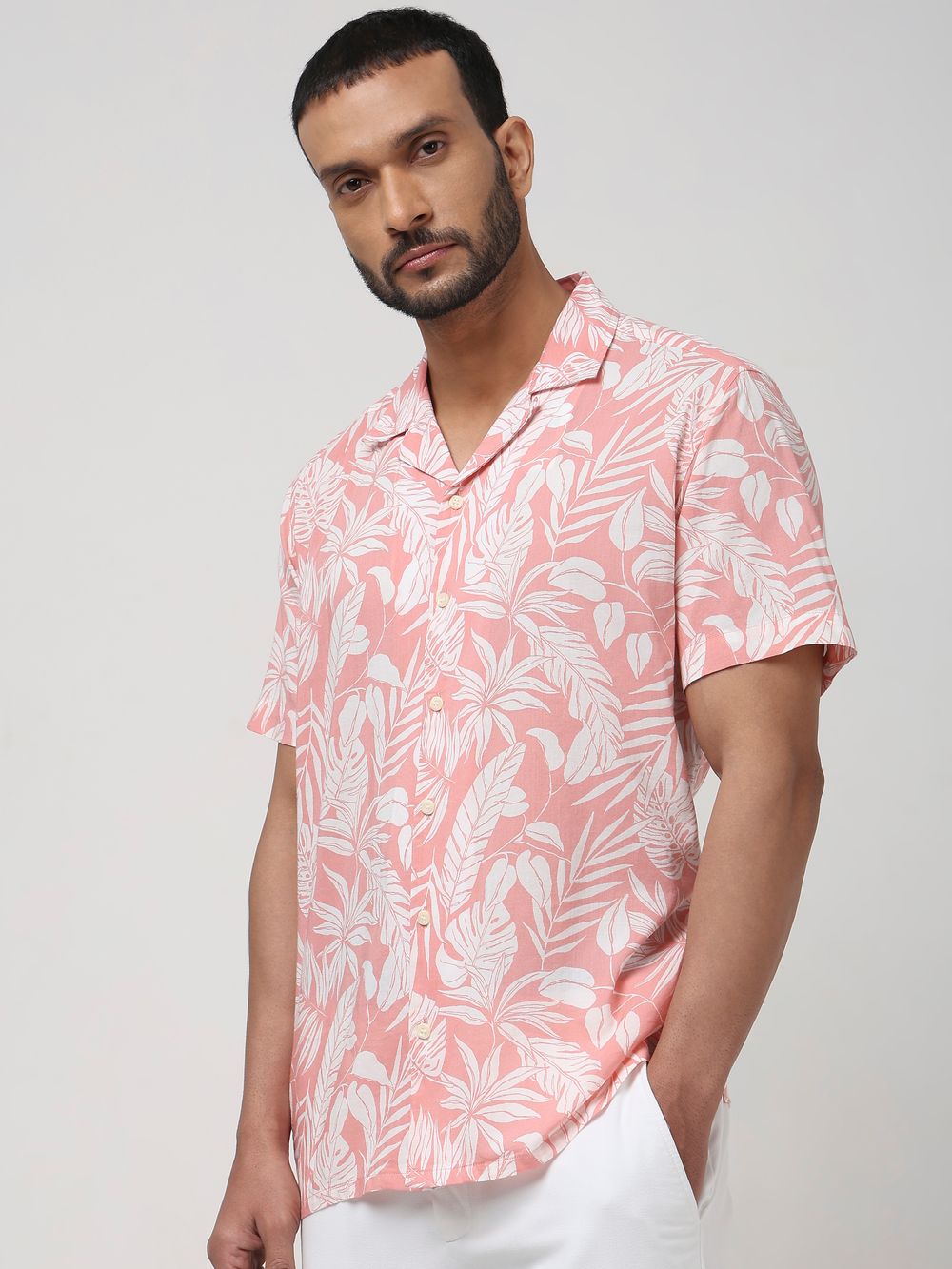 Pink Leaf Print Slim Fit Casual Shirt