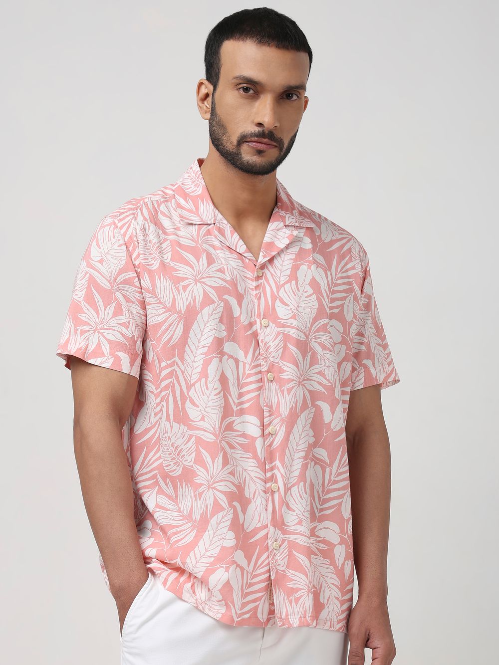 Pink Leaf Print Slim Fit Casual Shirt