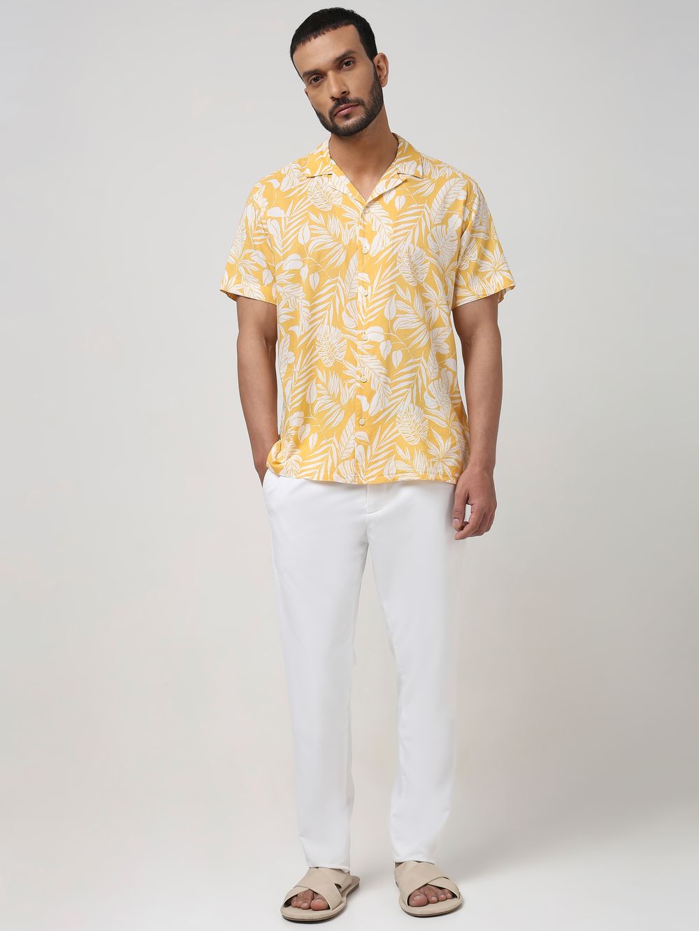 Yellow Leaf Print Slim Fit Casual Shirt
