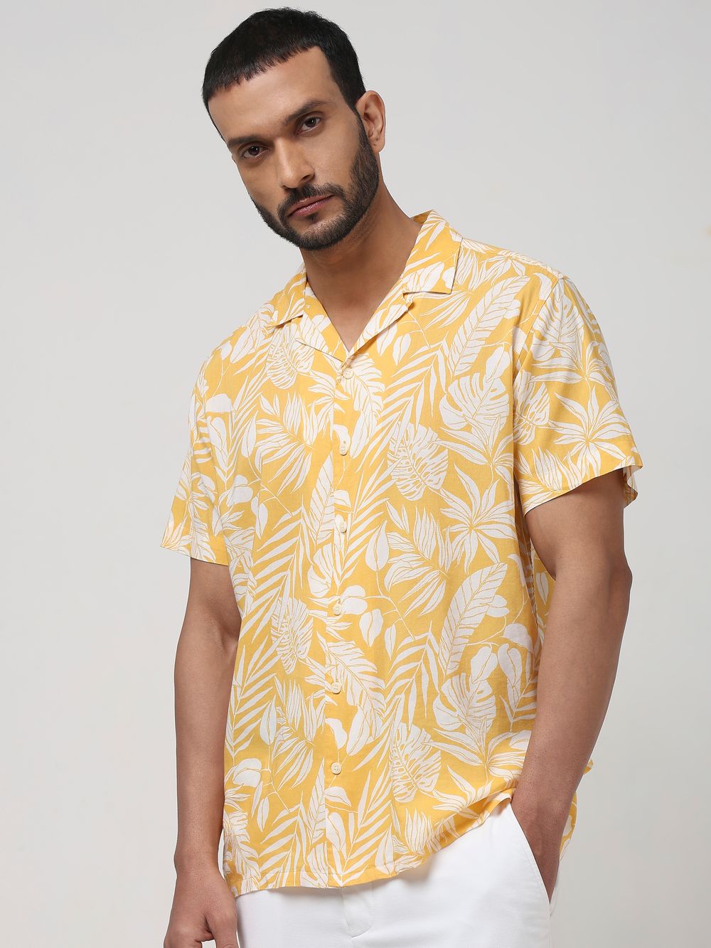 Yellow Leaf Print Slim Fit Casual Shirt