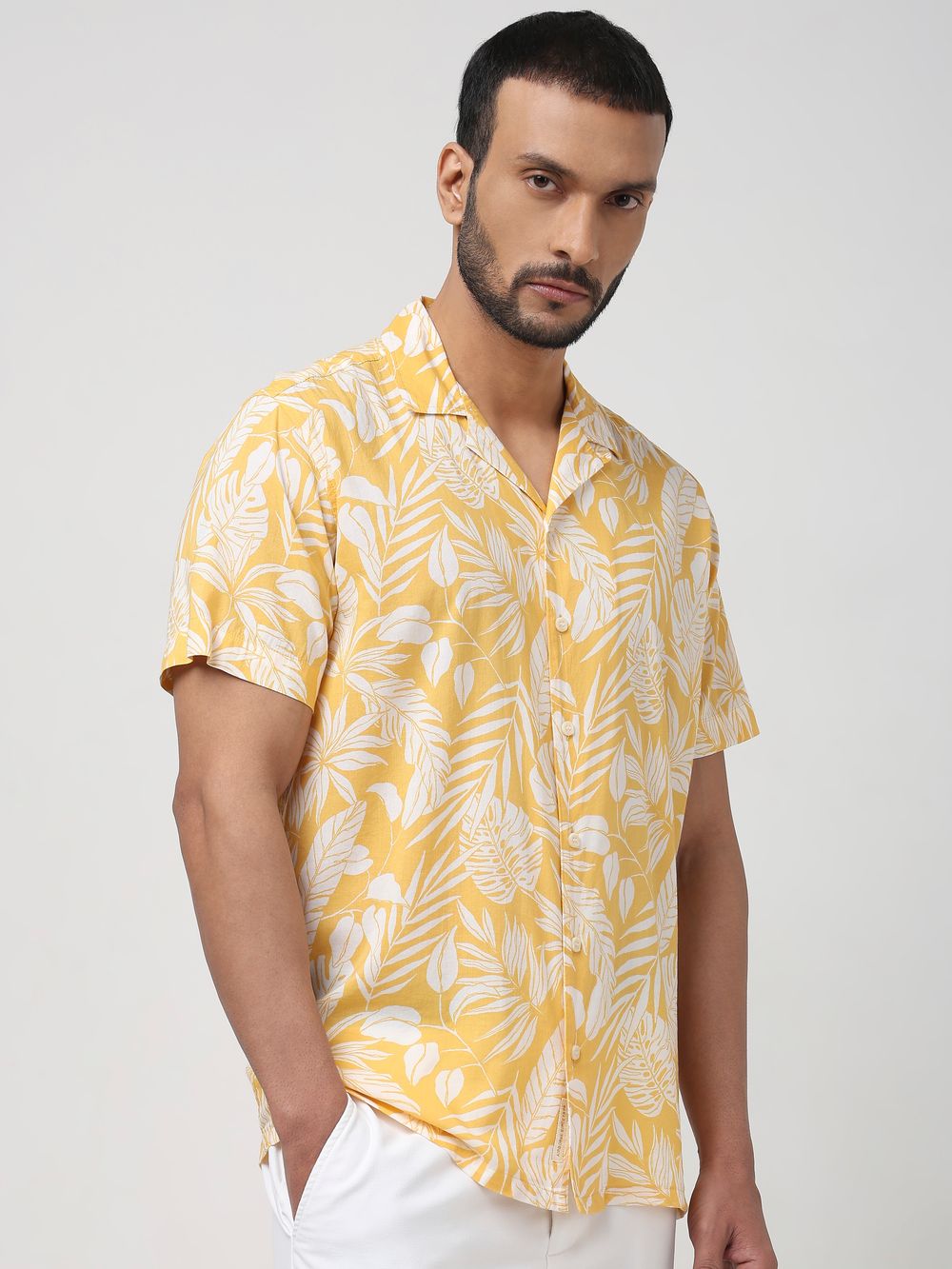 Yellow Leaf Print Slim Fit Casual Shirt