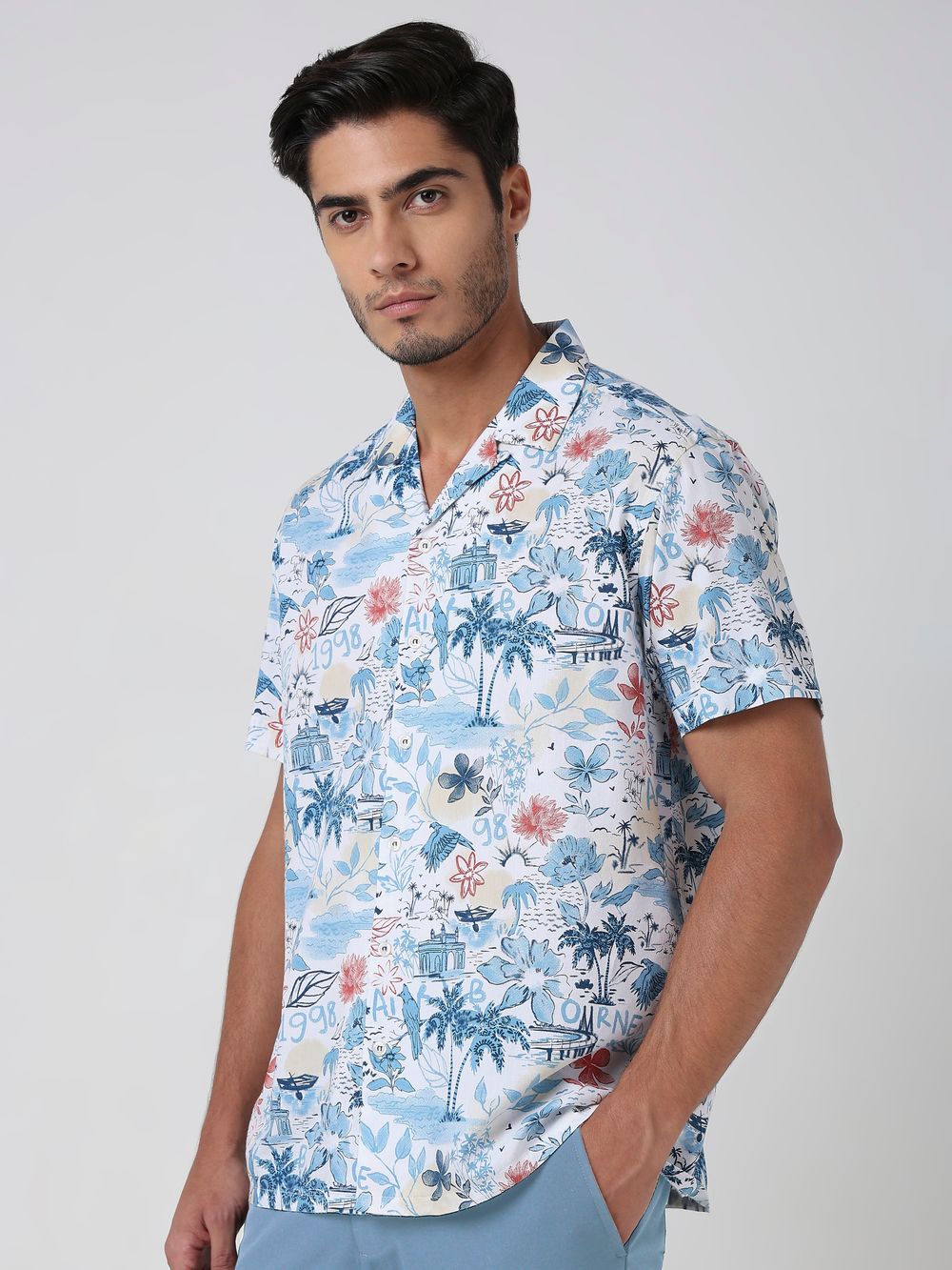Blue Tropic of Mufti Print Slim Fit Casual Shirt