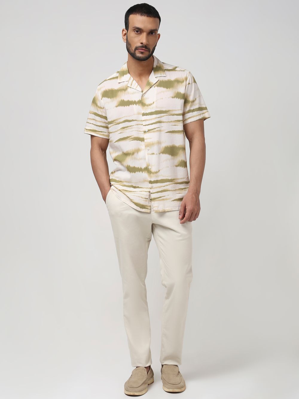 Beige Abstract Print Slim Fit Casual Shirt