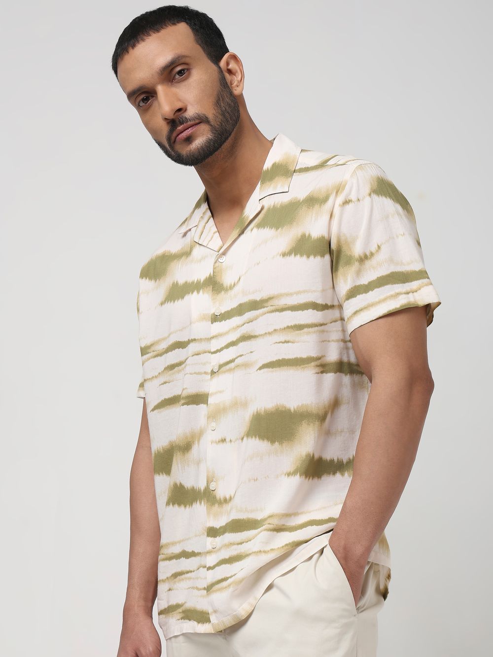 Beige Abstract Print Slim Fit Casual Shirt