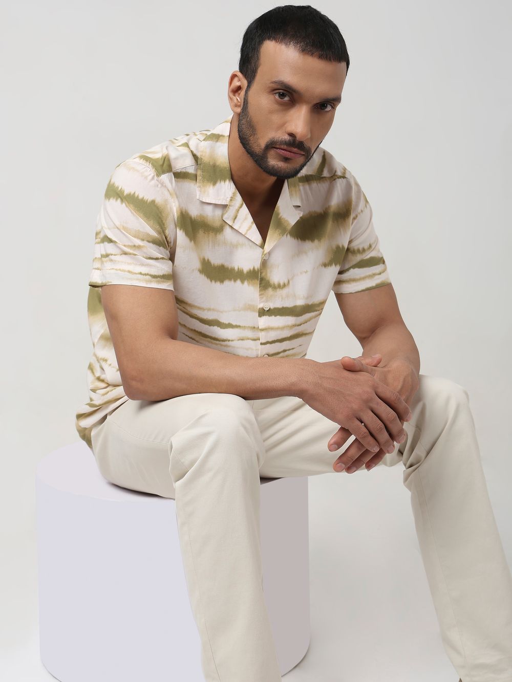 Beige Abstract Print Slim Fit Casual Shirt