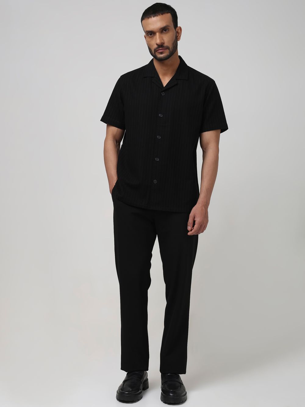 Black Self-Stripe Plain Relaxed Fit Casual Shirt