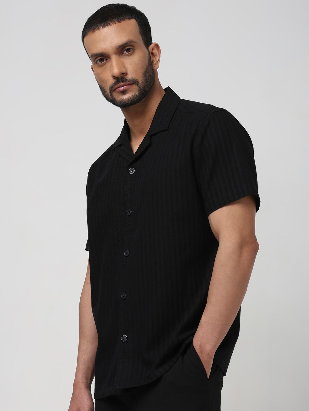 Black Self-Stripe Plain Relaxed Fit Casual Shirt