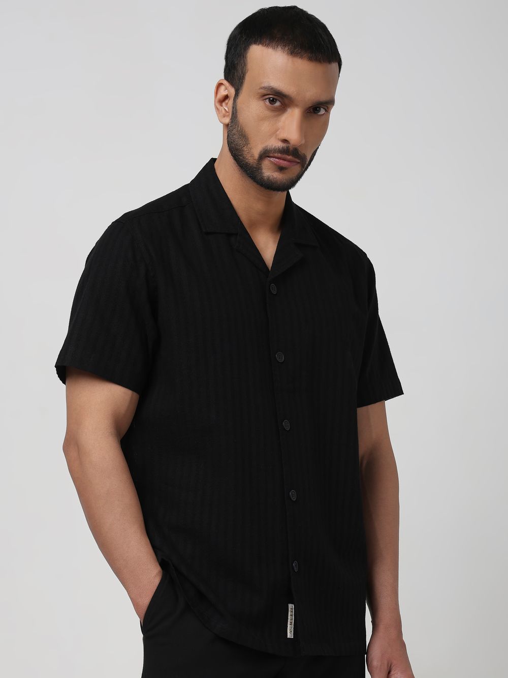 Black Self-Stripe Plain Relaxed Fit Casual Shirt