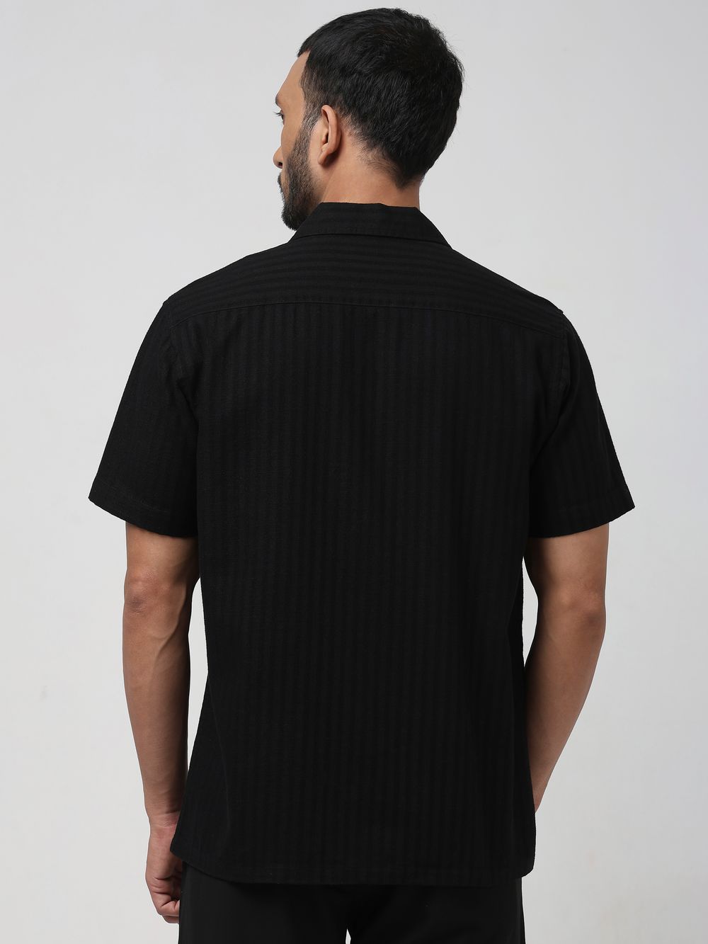 Black Self-Stripe Plain Relaxed Fit Casual Shirt