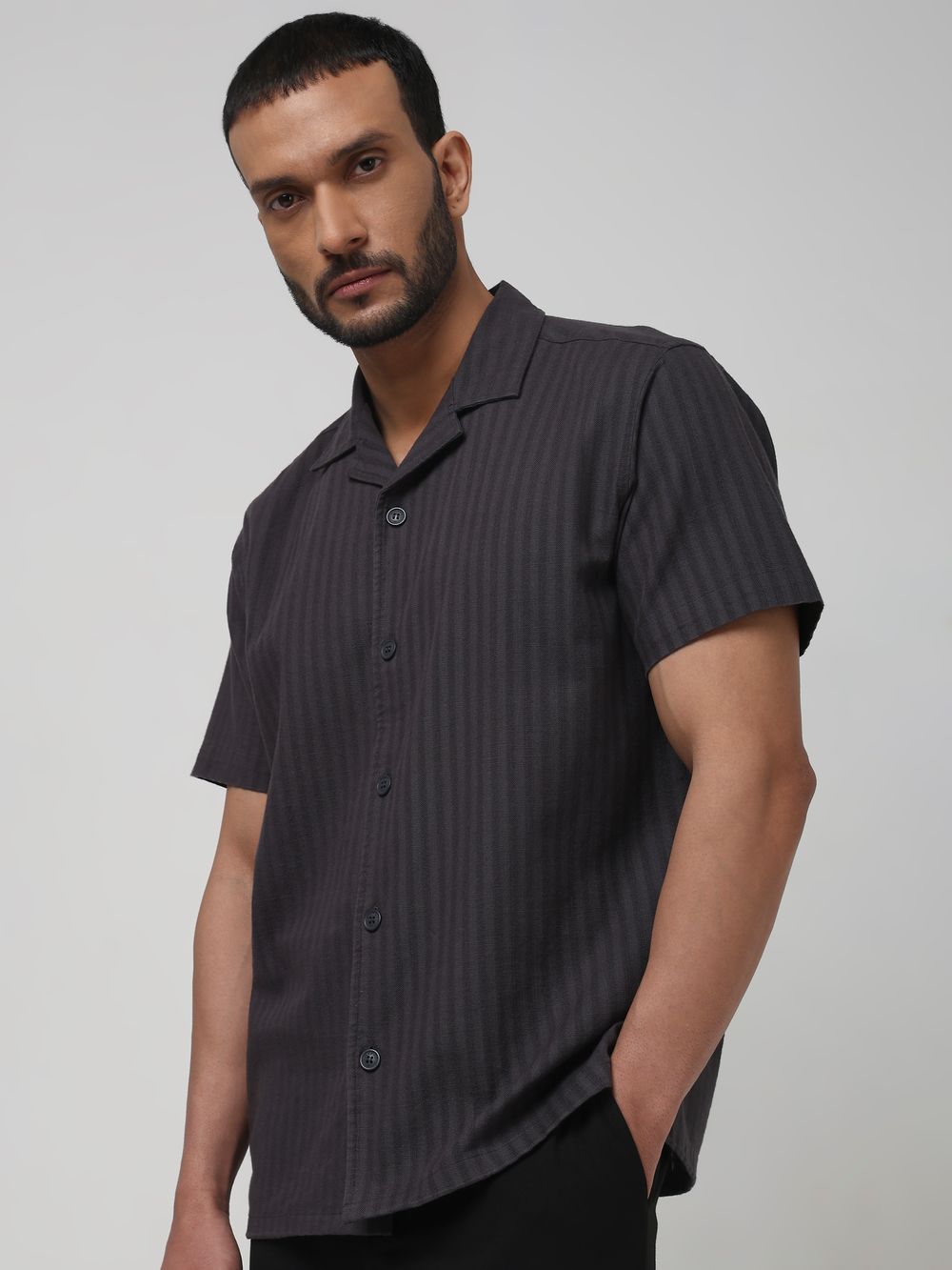 Grey Self-Stripe Plain Relaxed Fit Casual Shirt