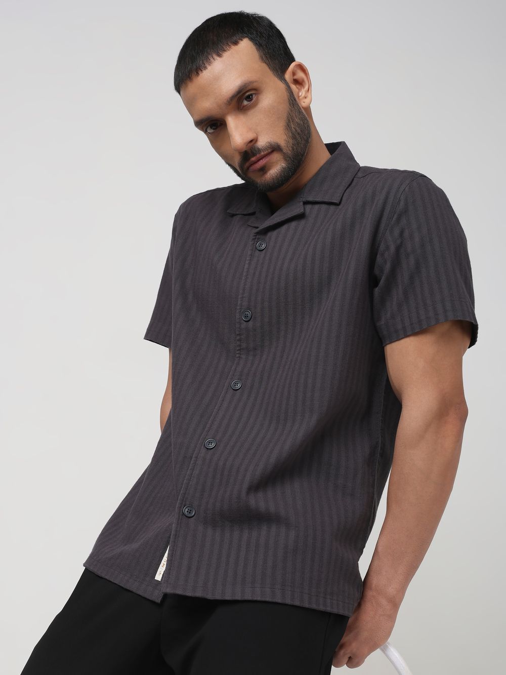 Grey Self-Stripe Plain Relaxed Fit Casual Shirt