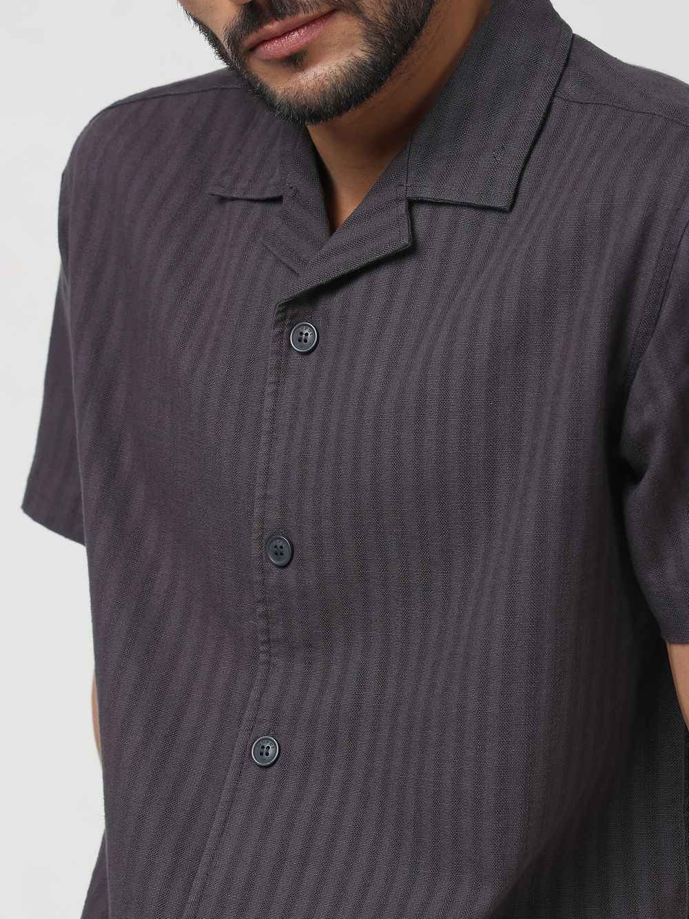 Grey Self-Stripe Plain Relaxed Fit Casual Shirt