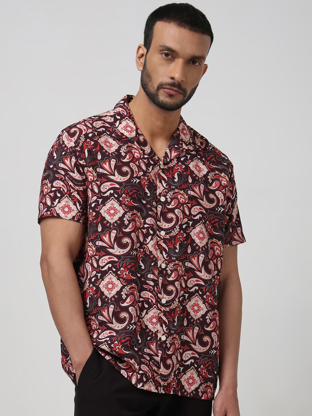 Maroon Digital Print Relaxed Fit Casual Shirt