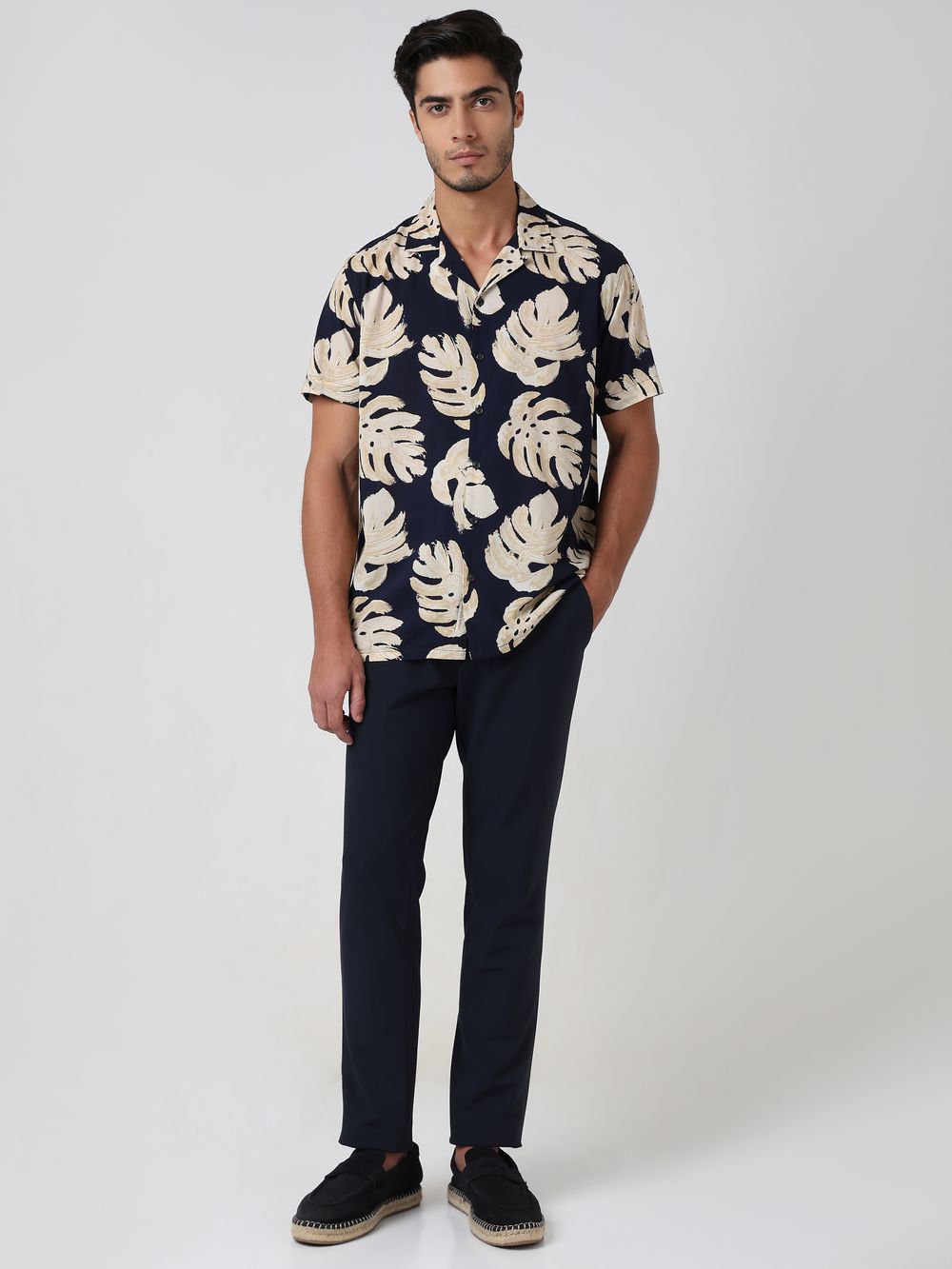 Navy Leaf Print Relaxed Fit Casual Shirt