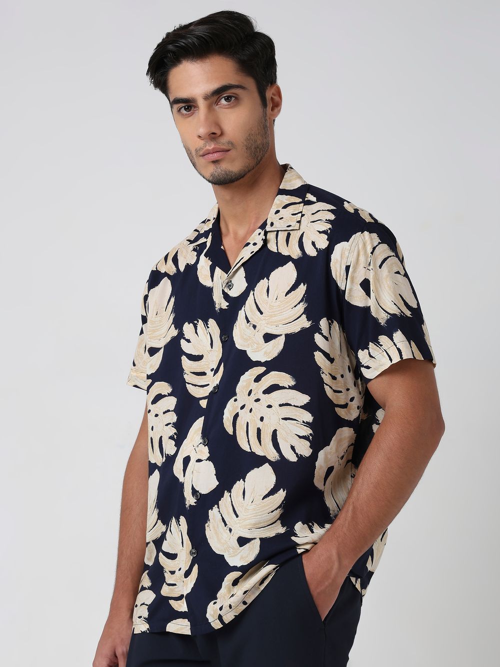 Navy Leaf Print Relaxed Fit Casual Shirt