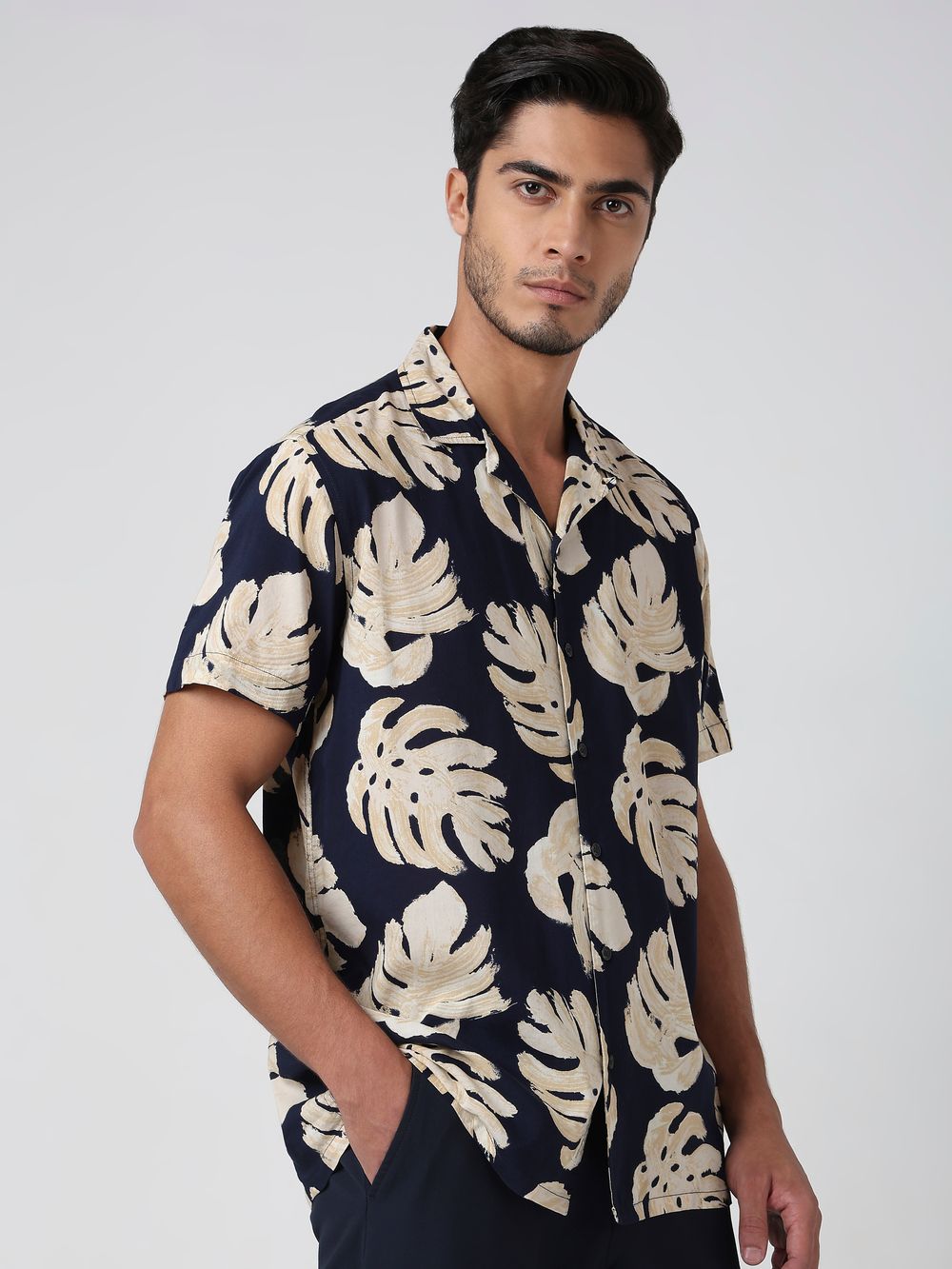 Navy Leaf Print Relaxed Fit Casual Shirt