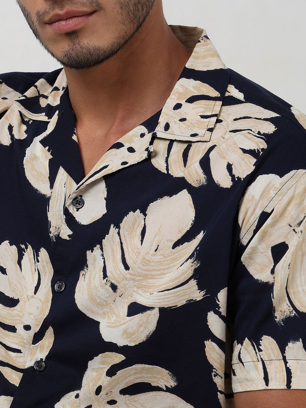 Navy Leaf Print Relaxed Fit Casual Shirt