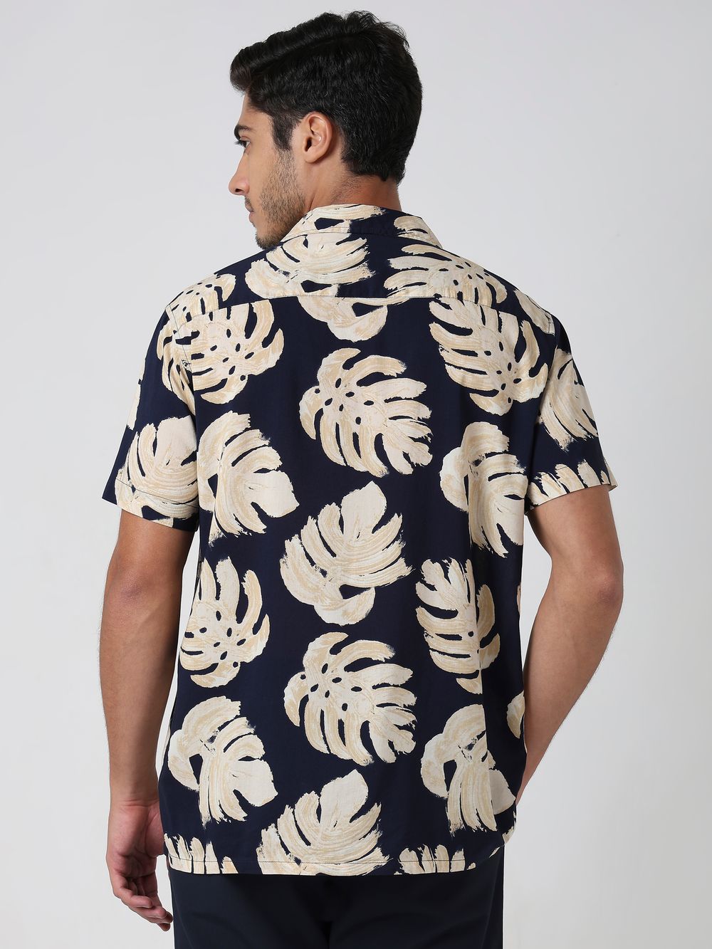 Navy Leaf Print Relaxed Fit Casual Shirt