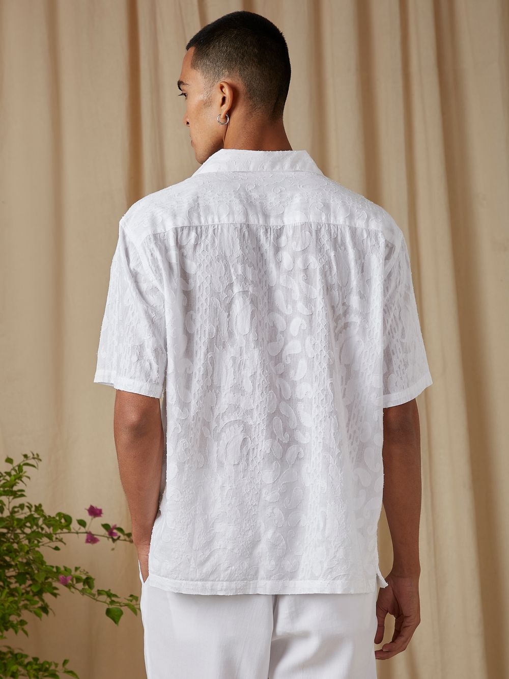 White Jacquard Plain Loose Fit Casual Shirt