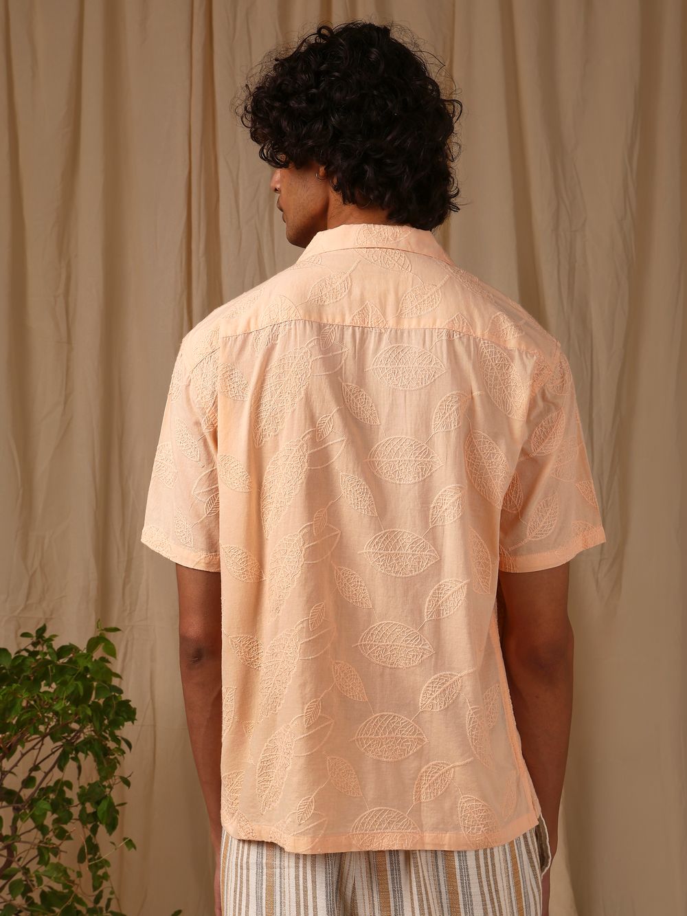 Peach Embroidered Plain Loose Fit Casual Shirt
