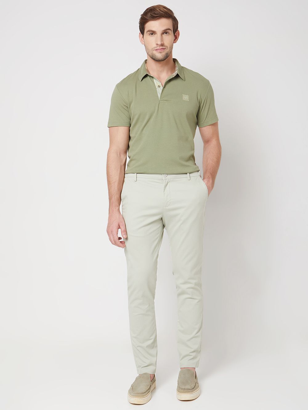 Light Olive Plain Plain Slim Fit Casual Polo