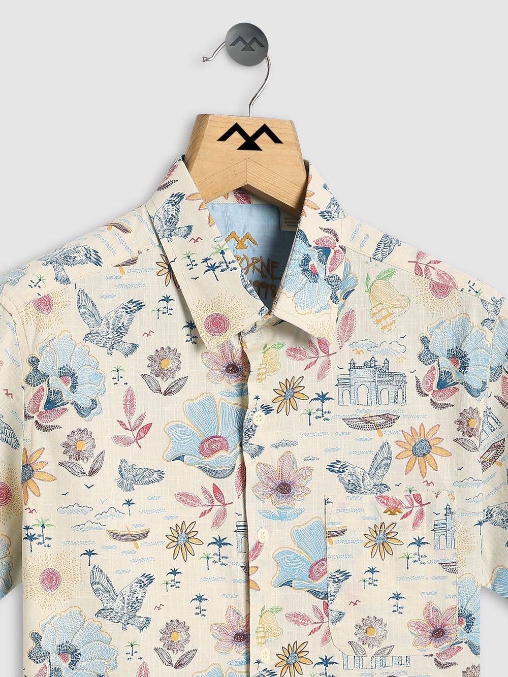 Off White & Multi Tropical Print Slim Fit Casual Shirt