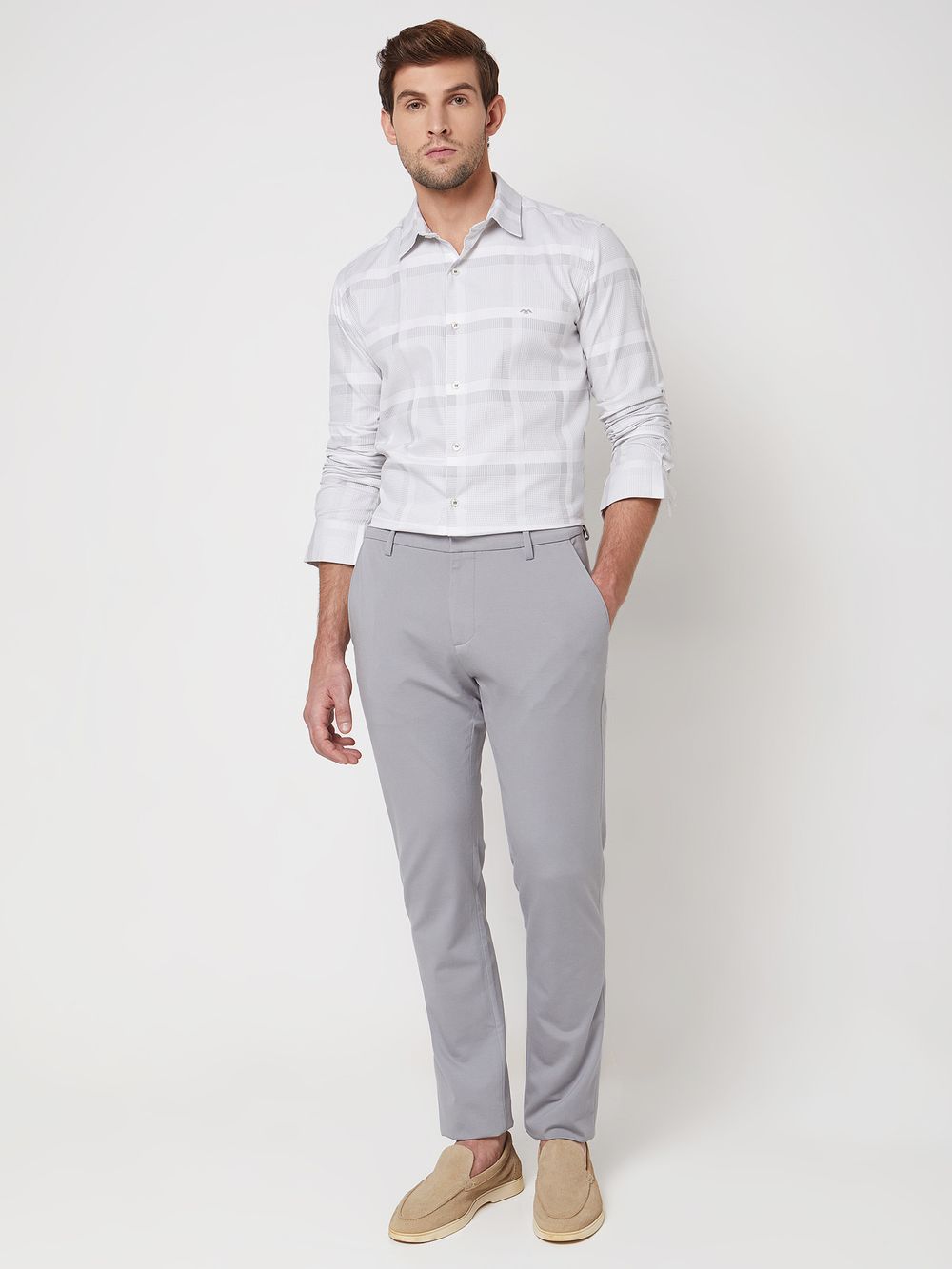 Light Grey Tonal Check Slim Fit Casual Shirt