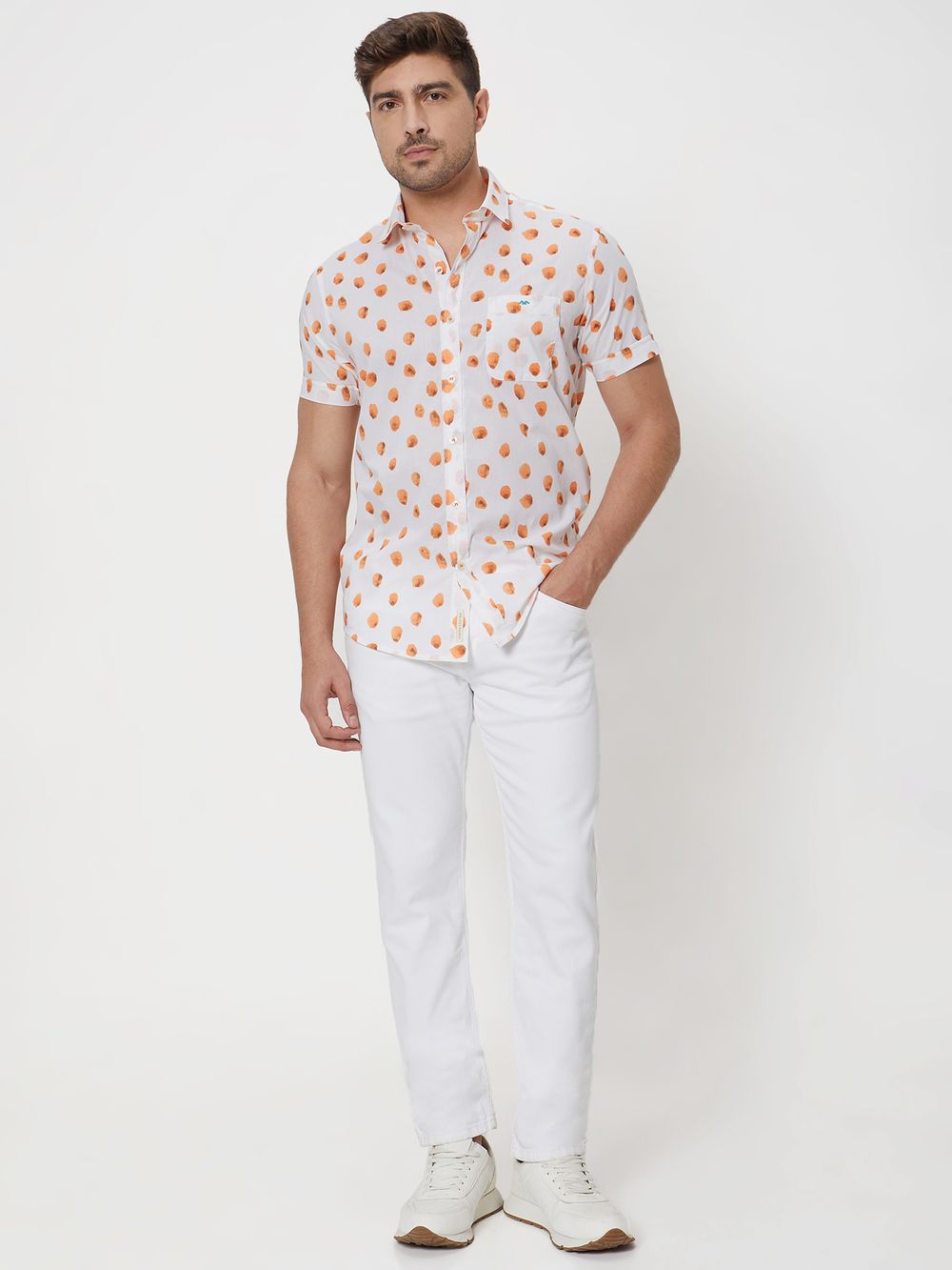 Orange Abstract Print Slim Fit Casual Shirt