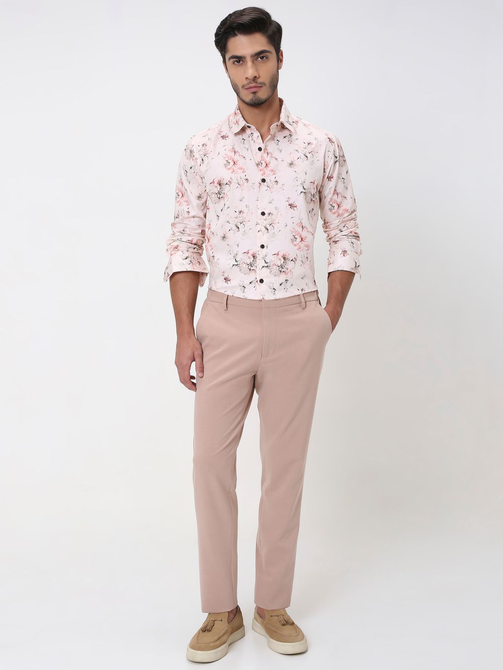 Pink Floral Print Slim Fit Casual Shirt