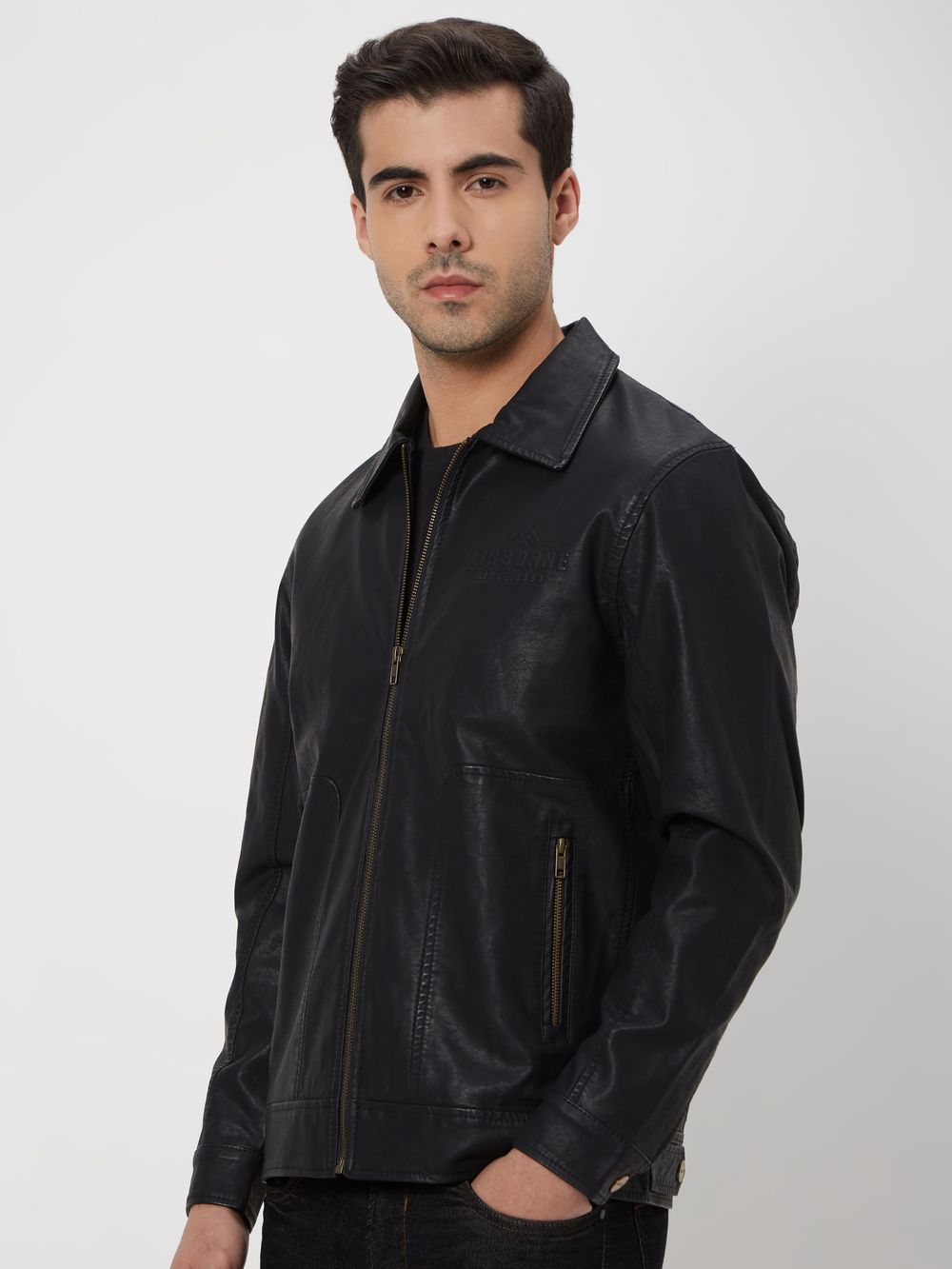 Black Faux Leather Jacket With Embossed Branding