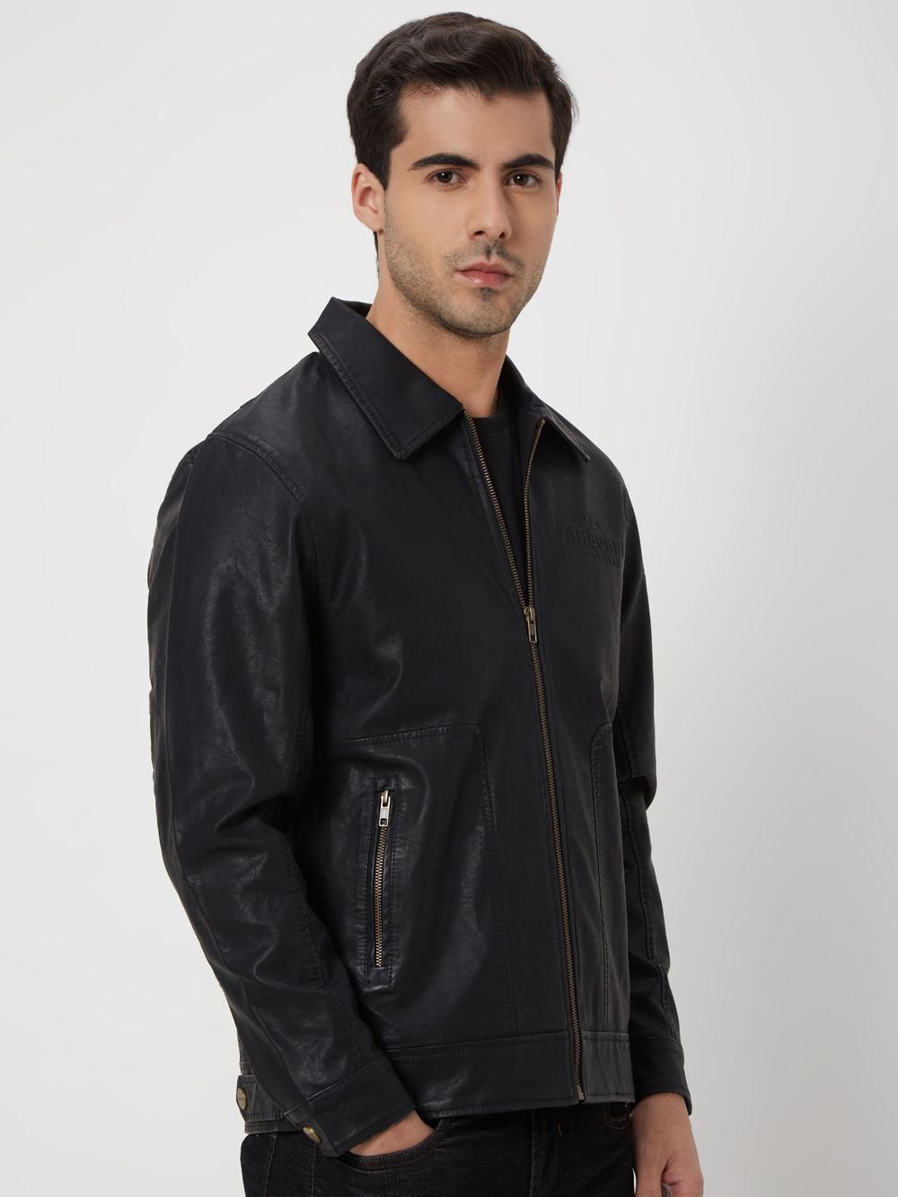 Black Faux Leather Jacket With Embossed Branding