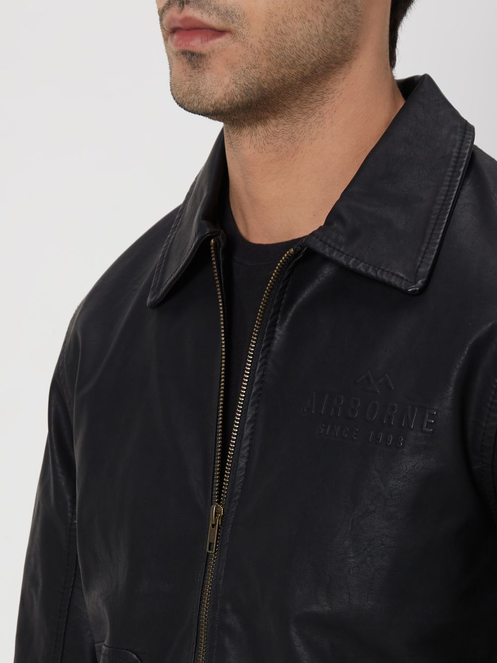 Black Faux Leather Jacket With Embossed Branding