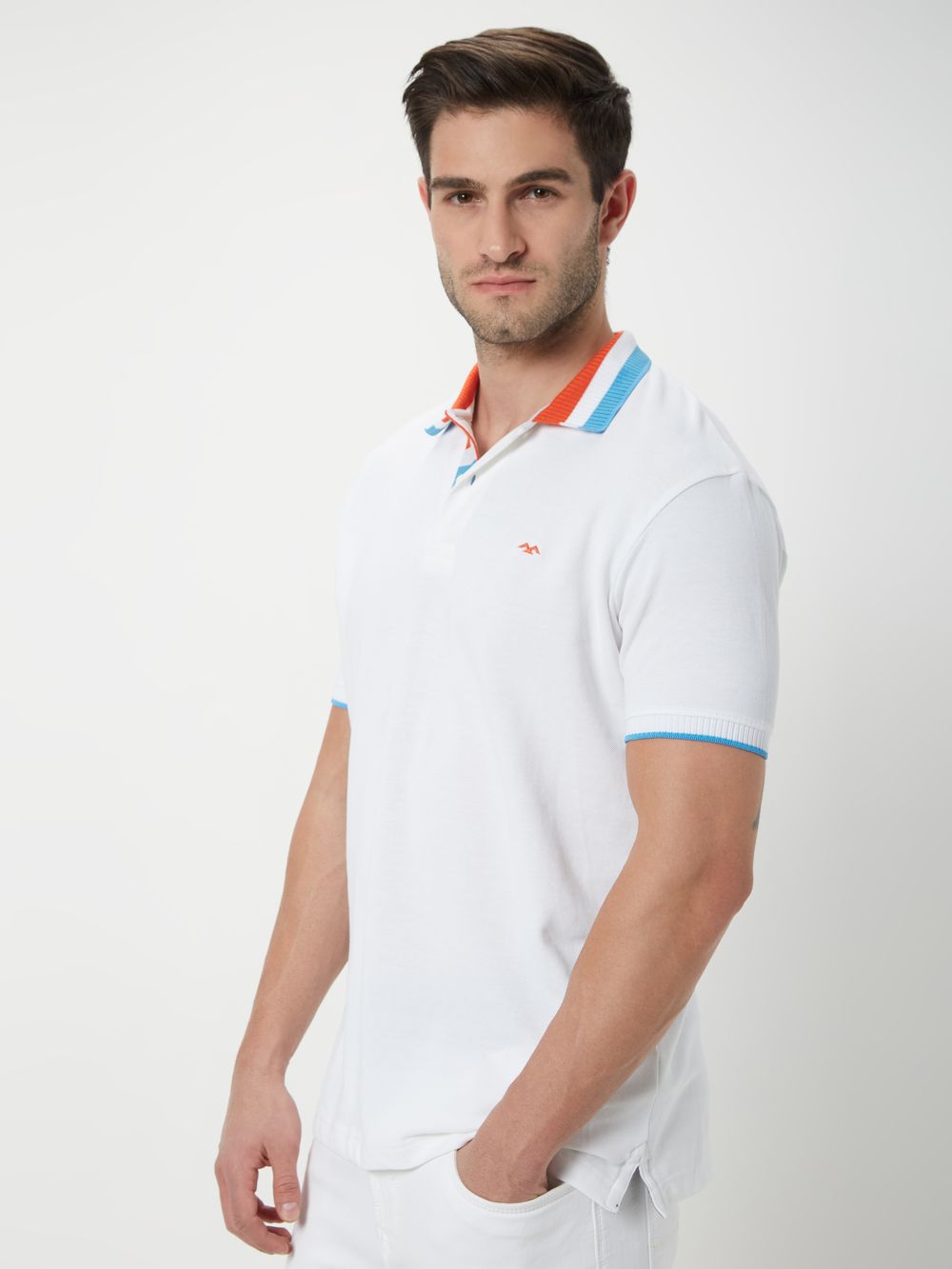 White & Multi Tipped Collar Pique Polo T-Shirt