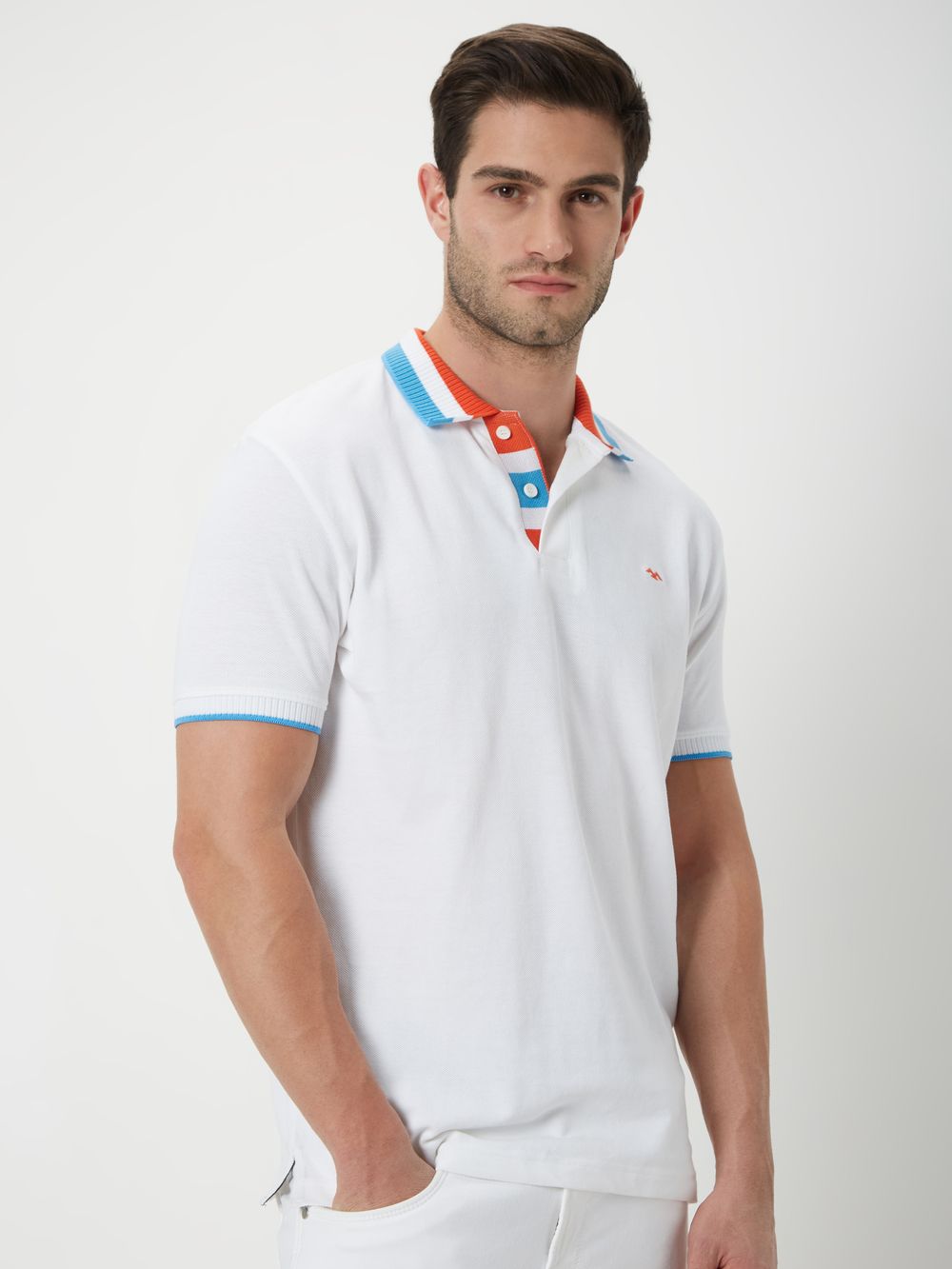White & Multi Tipped Collar Pique Polo T-Shirt