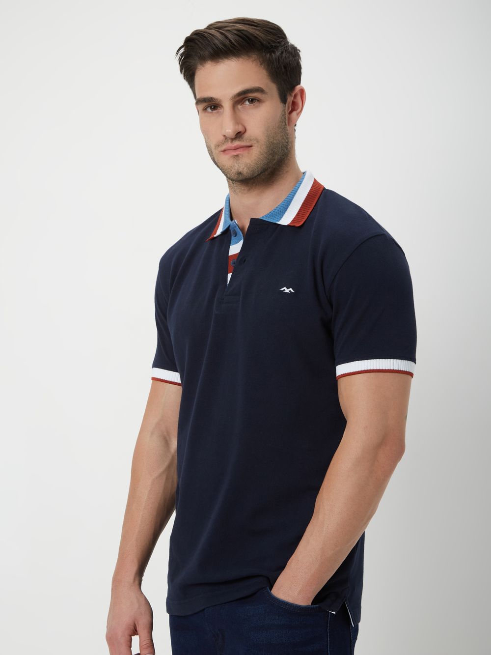 Navy & Multi Tipped Collar Pique Polo T-Shirt